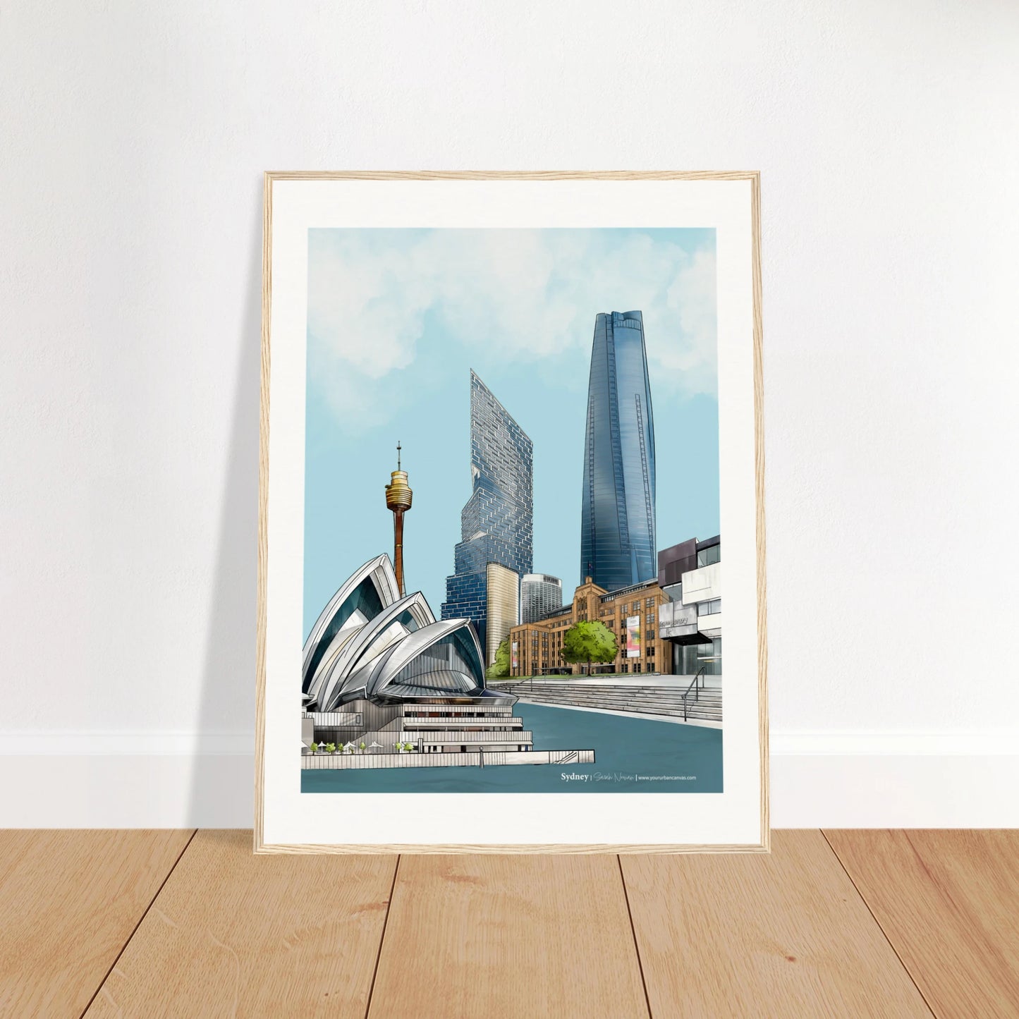 Sydney - Subtle Title print, size 60x80cm, framed in natural wood, enhancing the warmth and charm of Sydney's architectural beauty.