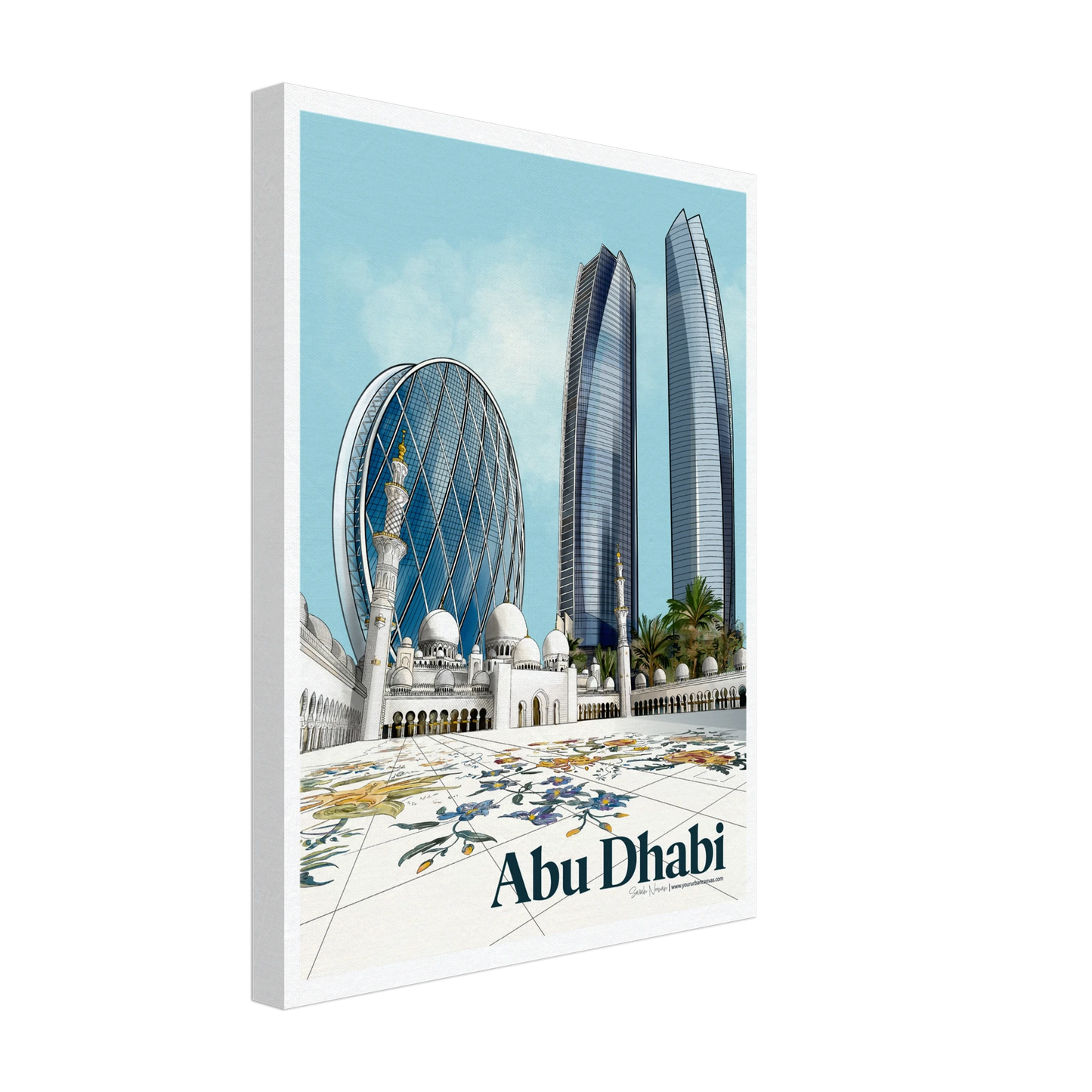 Abu Dhabi - Elegant Bold Typography city print, 30x40cm on canvas with mosque, skyline, circular skyscraper, UAE art