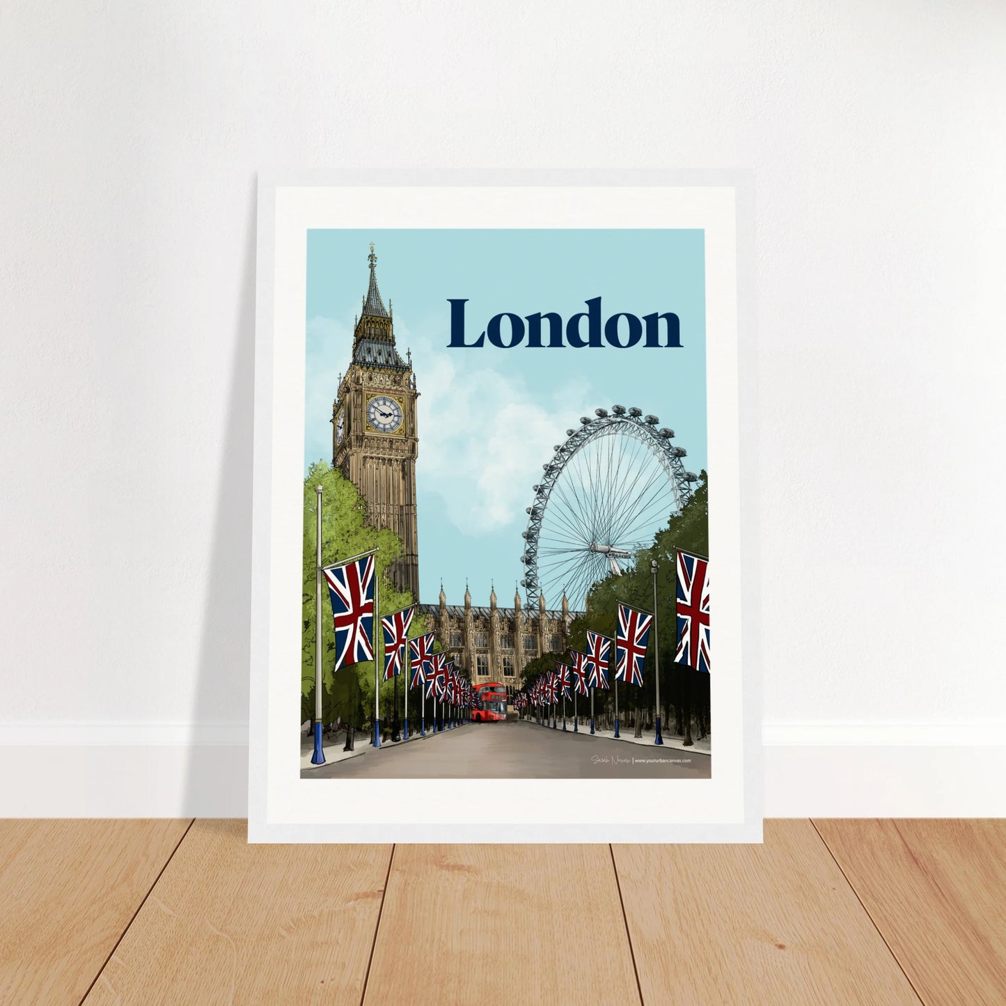 London - Bold Typography print, size 30x40cm, framed in white wood, with bold typography and stunning depiction of Buckingham Palace's tree-lined Mall, Big Ben and the London Eye.