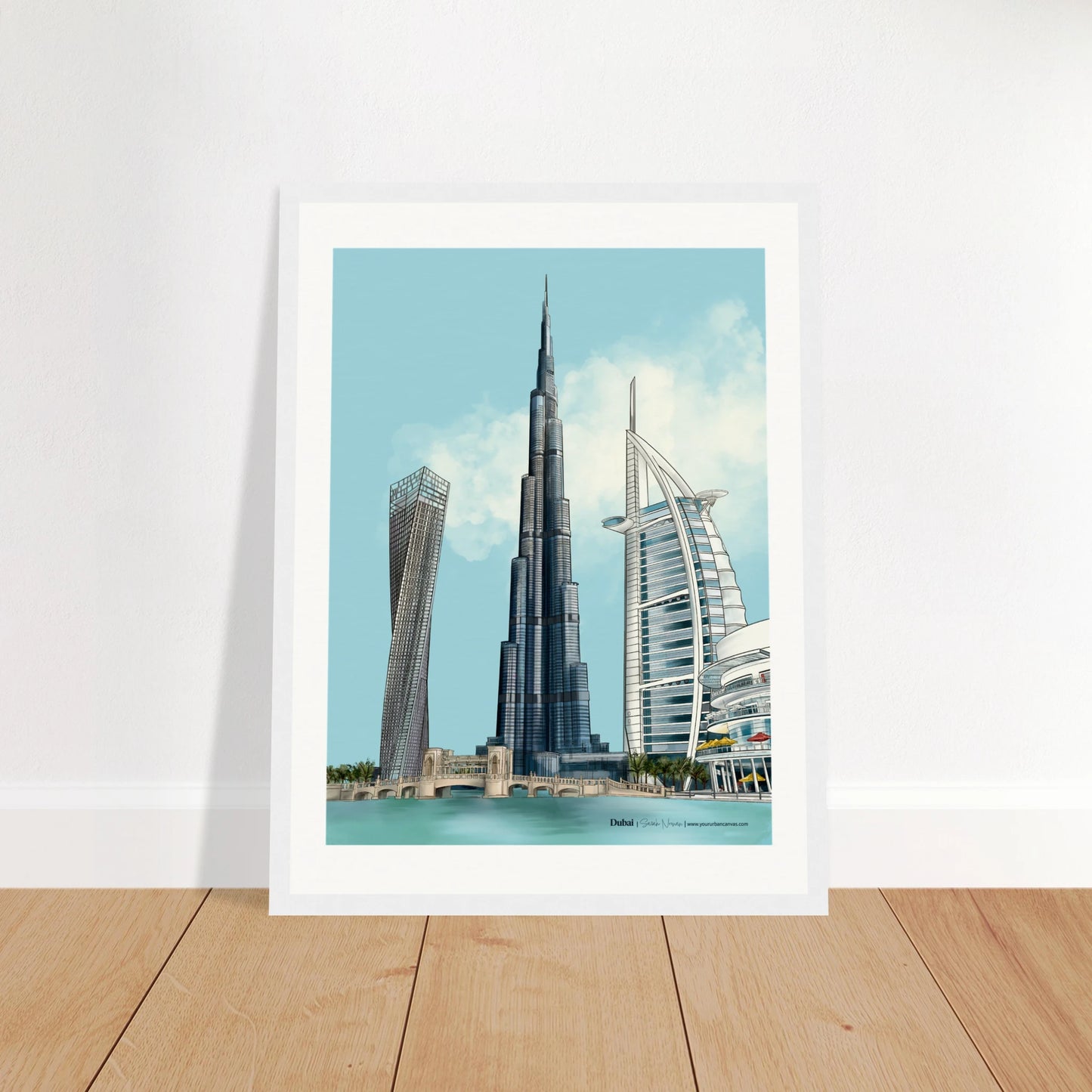 Dubai - Subtle Typography city print, 30x40cm with white frame - highlighting Burj Khalifa, Burj Al Arab, Cayan Tower, and Dubai Mall in delicate shades for a bright, elegant display.