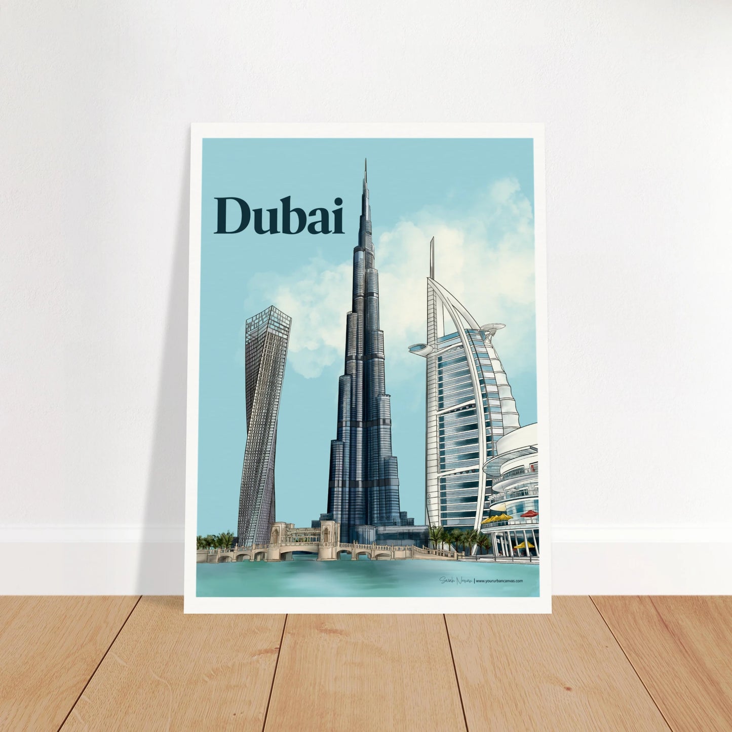 Dubai - Bold Typography city print, 30x40cm - featuring the iconic Burj Khalifa, sail-shaped Burj Al Arab, twisting Cayan Tower, and bustling Dubai Mall. Bold colours and sharp lines capture the energy of Dubai's skyline.