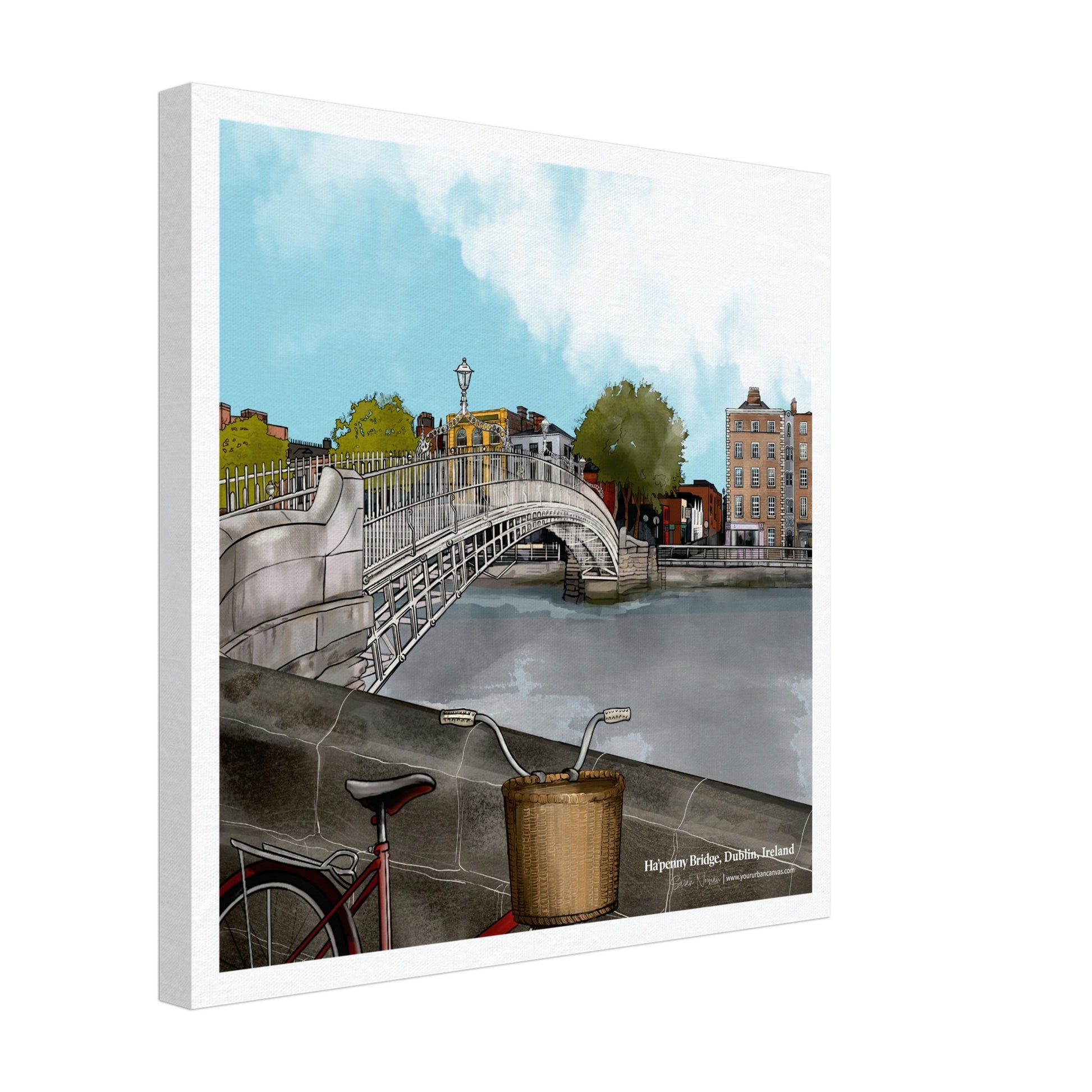 Canvas print of Ha'penny Bridge Dublin, 40x40cm. This square canvas artwork highlights one of Ireland's most famous landmarks. A perfect Dublin cityscape for your wall.