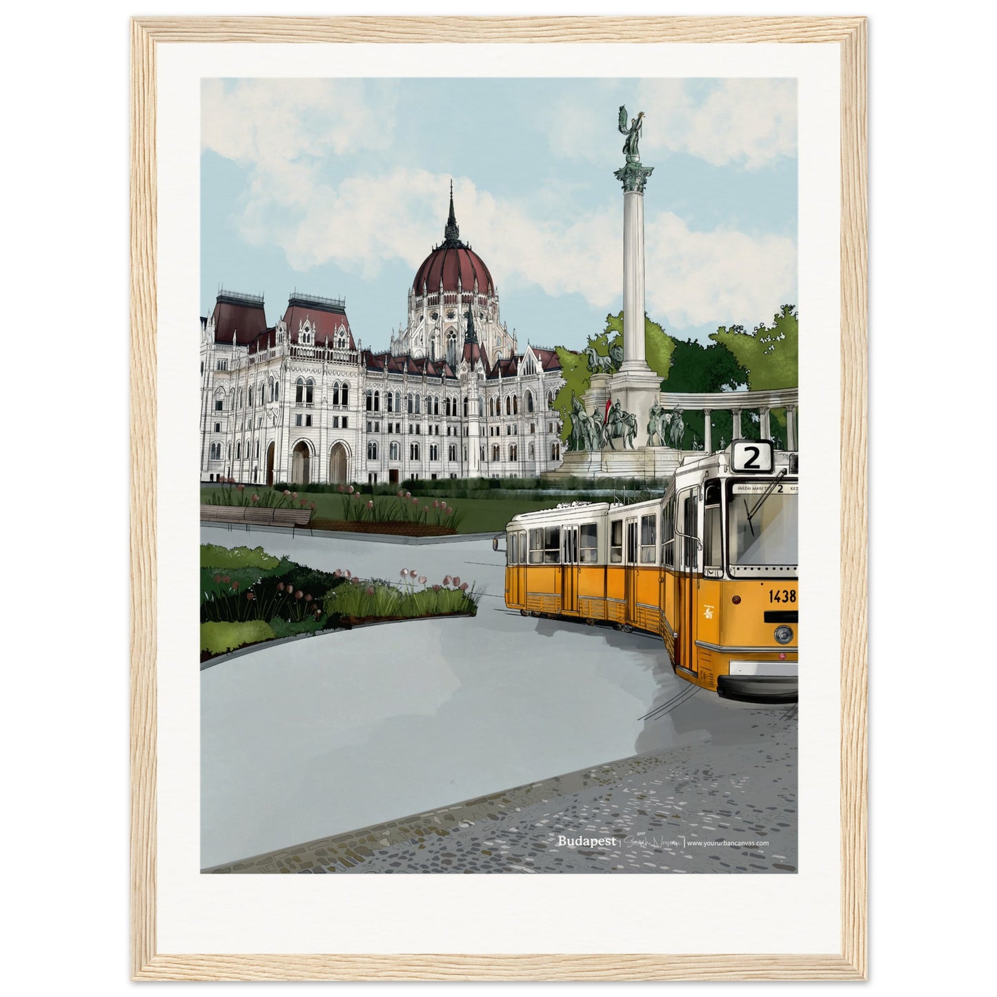 Budapest - Personalised Subtle Title print, size 30x40cm, framed in natural wood, offering a warm and artistic portrayal of the city's most beloved landmarks with a personal touch.