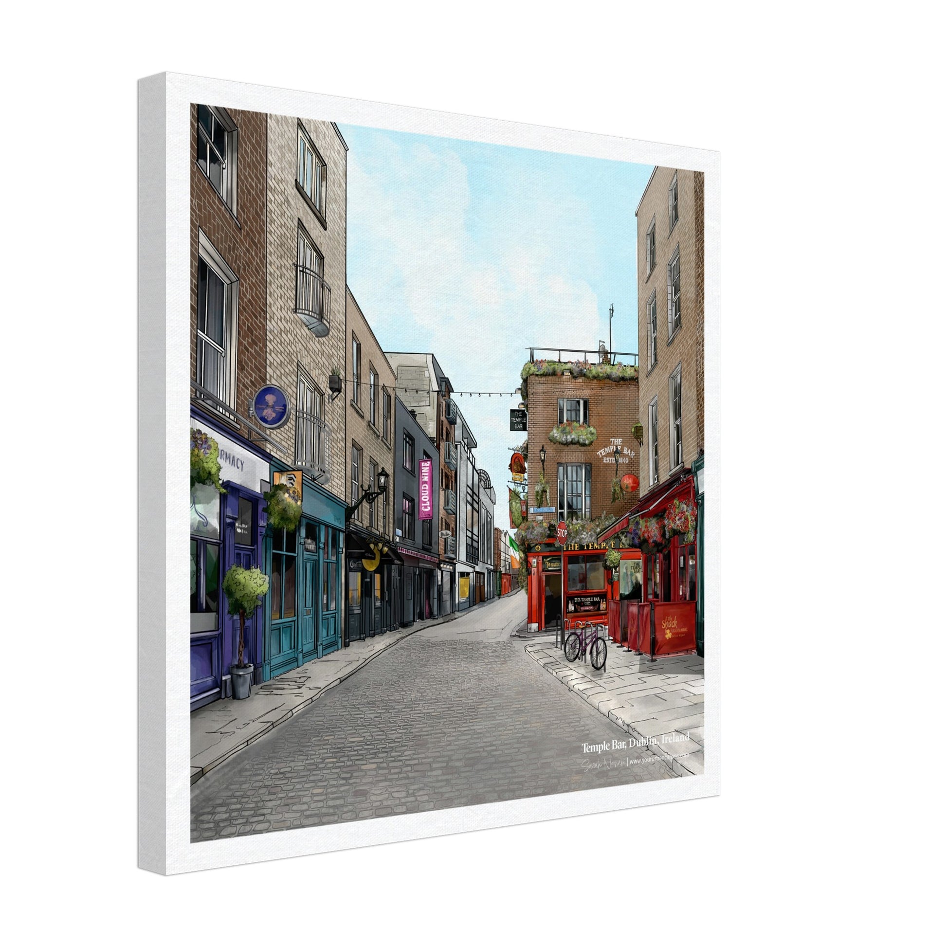 Dublin - Subtle Title print, size 40x40cm, on canvas, featuring the famous cobbled streets of Temple Bar, the Temple Bar Inn.