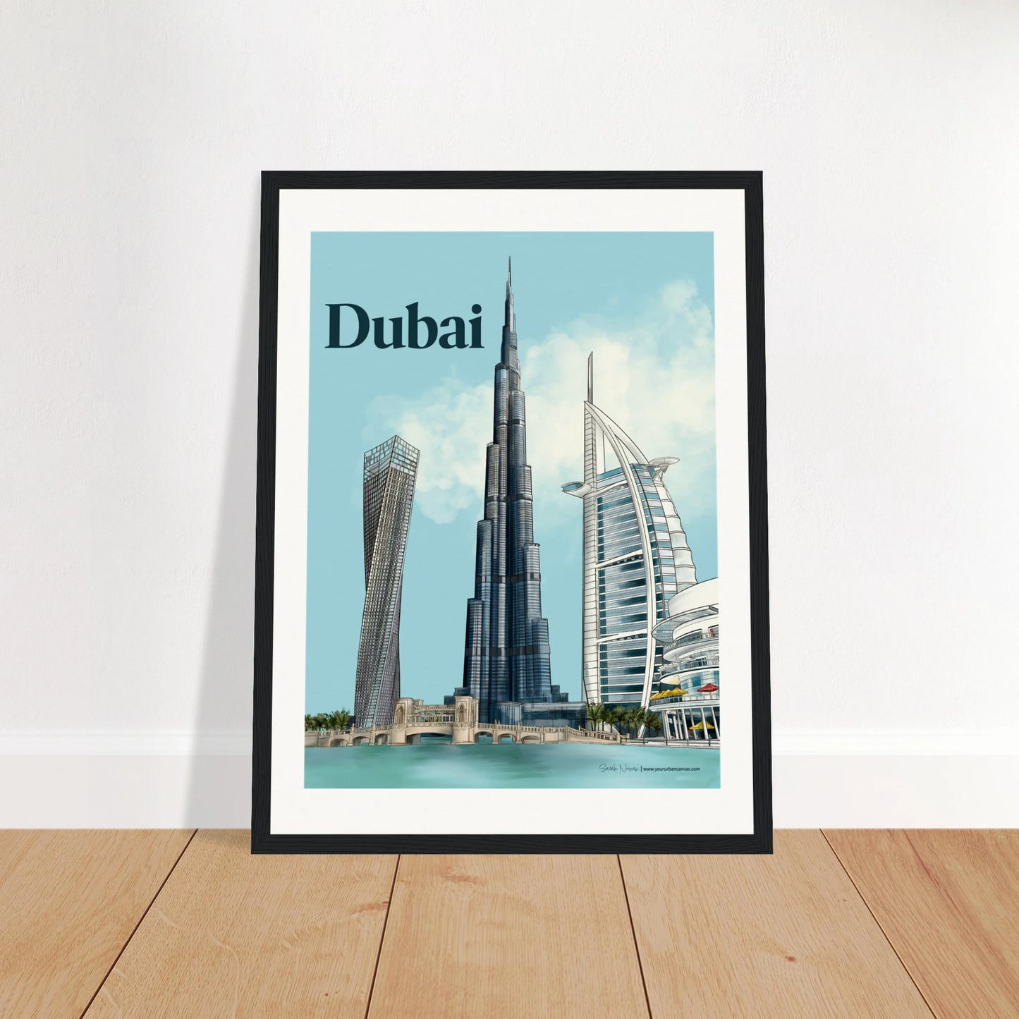 Dubai - Bold Typography city print, 30x40cm with black frame - featuring Burj Khalifa, Burj Al Arab, Cayan Tower, and Dubai Mall in bold tones, perfect for contemporary wall decor.