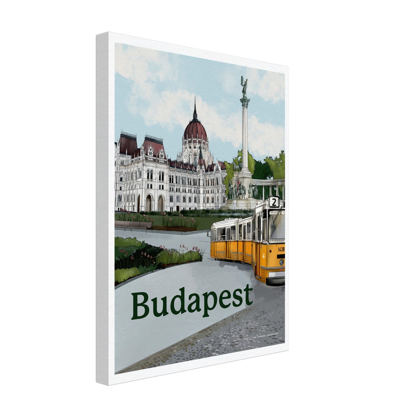Budapest - Bold Typography on canvas, size 30x40cm, blending bold typography with elements of the Parliament Building, iconic yellow tram and Heroes' Square.