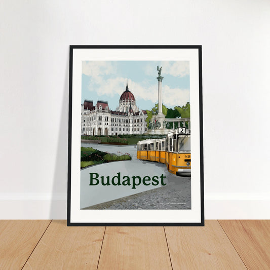 Budapest - Bold Typography print, size 45x60cm, framed in black wood, featuring a clean, modern design with Budapest's stunning Parliament building and historic tram.