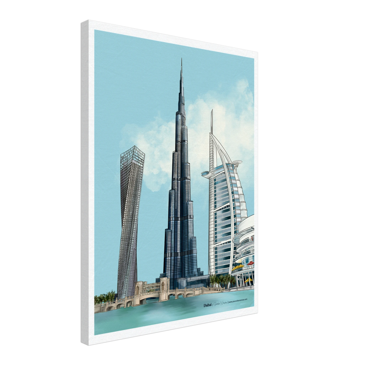 Dubai - Subtle Typography city canvas, 45x60cm, artistic rendering of Burj Khalifa, Burj Al Arab, Cayan Tower, and Dubai Mall, bringing a serene Dubai cityscape into your home.
