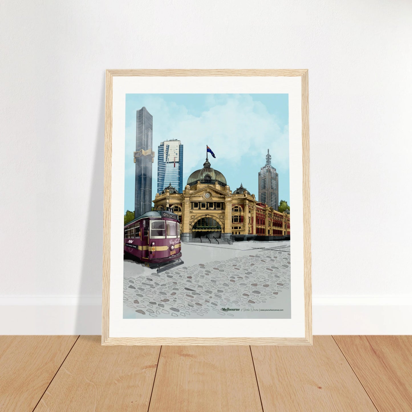 Melbourne - Subtle Title print, size 30x40cm, framed in wood, capturing the dynamic landmarks of Melbourne, including Australia 108, Eureka Tower, and Flinders Street Station.