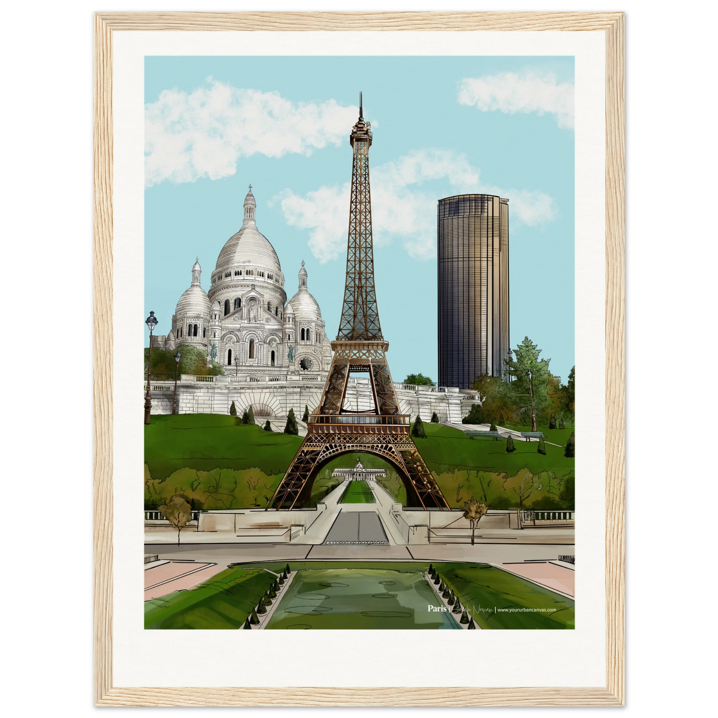Paris - Personalise your Add a message to your Subtle Typography city print, 30x40cm with natural wood frame - featuring gentle depictions of the Eiffel Tower, Sacre-Coeur, and Tour Montparnasse. The warm frame complements the soft tones of this serene Paris skyline.