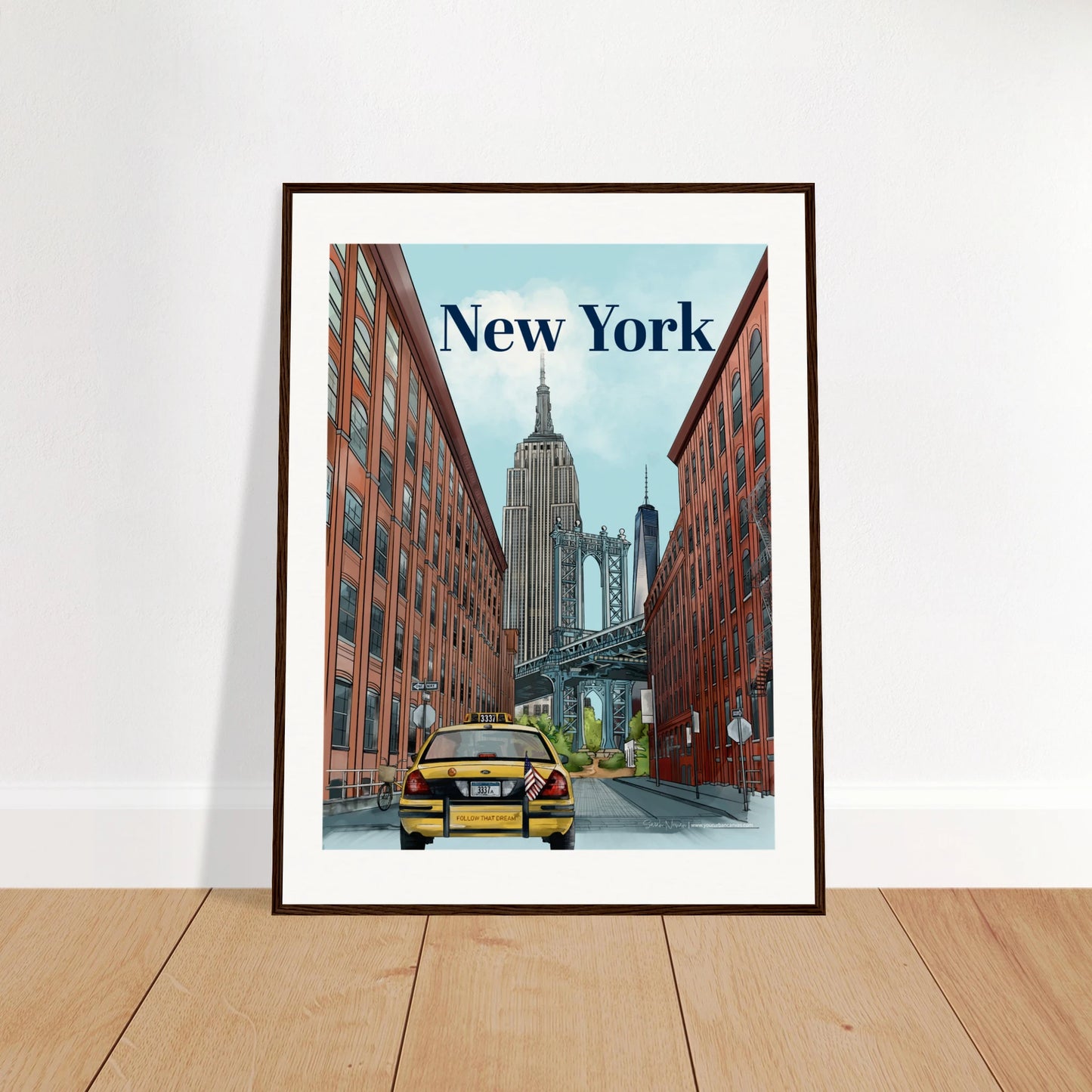 New York - Bold Typography print, size 60x80cm, framed in dark wood, featuring the famous Dumbo Manhattan Bridge view, NYC's skyline, a yellow taxi, and classic street signage.