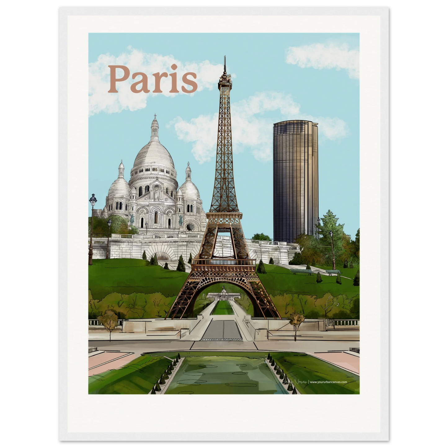 Paris - Add a message to your Bold Typography city print, 45x60cm,  with white frame - showcasing the prominent structure and beams of the Eiffel Tower, the historical Sacre-Coeur, and the modern Tour Montparnasse. Perfect for brightening walls with Parisian elegance.