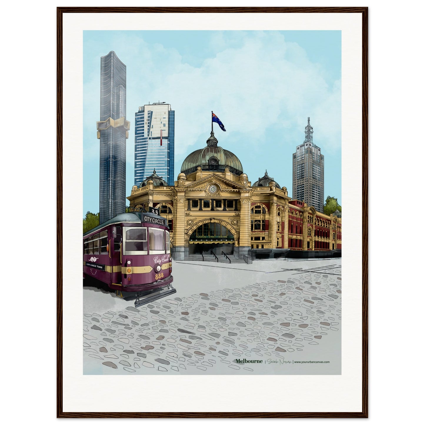Melbourne - Personalised Subtle Title print, size 60x80cm, framed in dark wood, offering a refined view of Melbourne's urban charm, made uniquely personal.