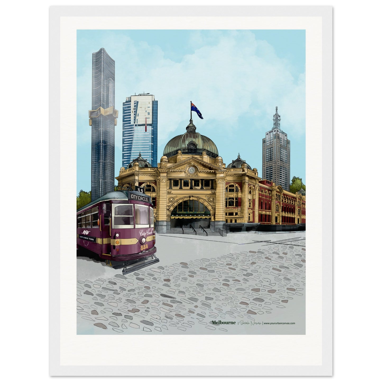 Melbourne - Personalised Subtle Title print, size 30x40cm,  framed in white, showcasing Melbourne's mix of heritage, culture and modern architecture with your personalised message