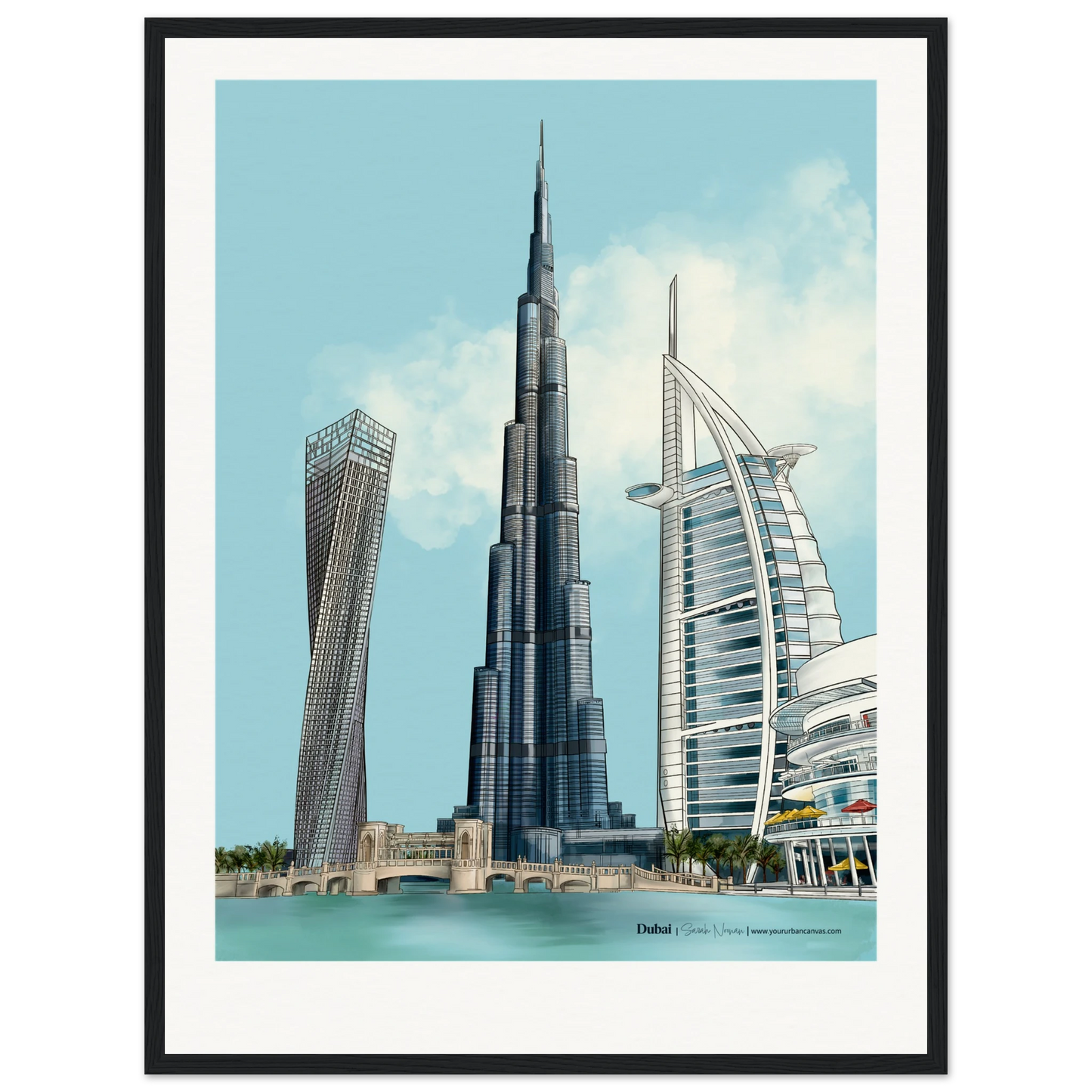 Personalised Dubai subtle typography city print, 45x60cm with black frame - understated skyline artwork highlighting Dubai's iconic landmarks, finished with bespoke typography for a calm, contemporary display