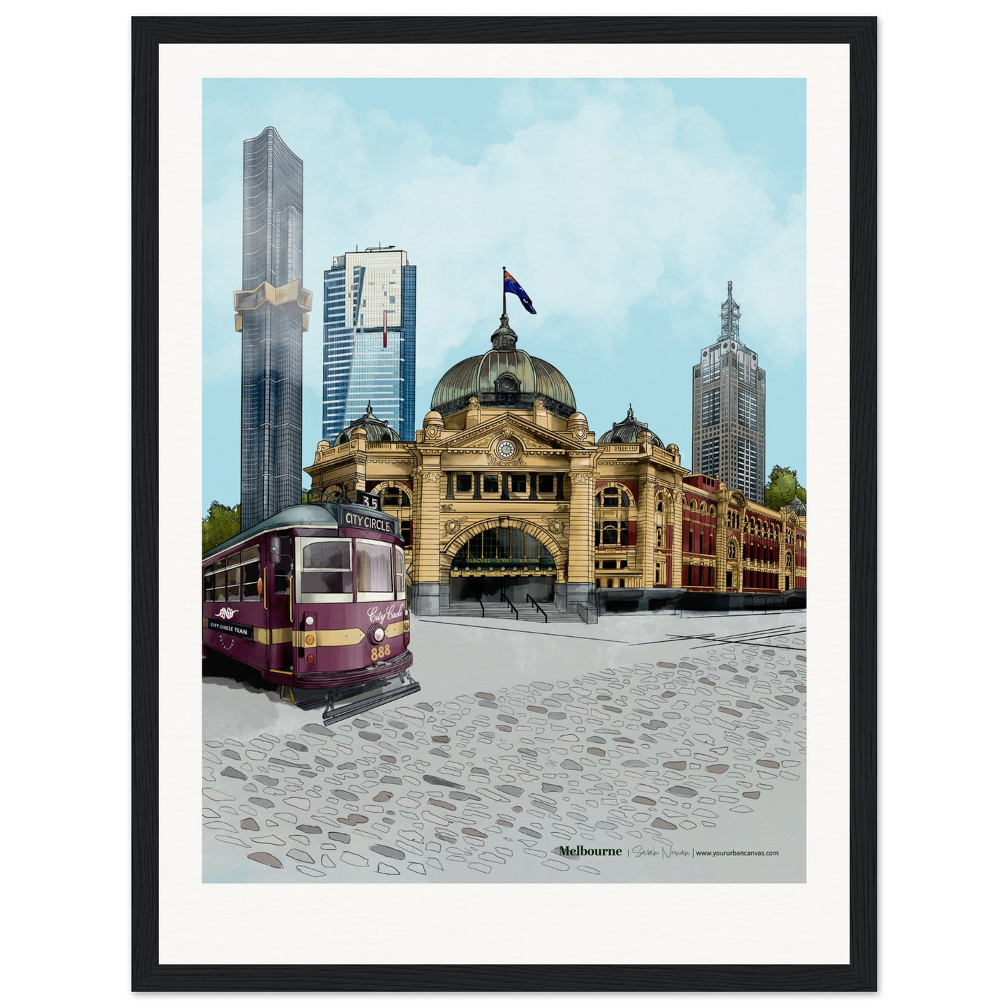 Melbourne - Personalised Subtle Title print, size 30x40cm,  framed in black, adding depth and character to Melbourne's built-environment, customised to your liking.