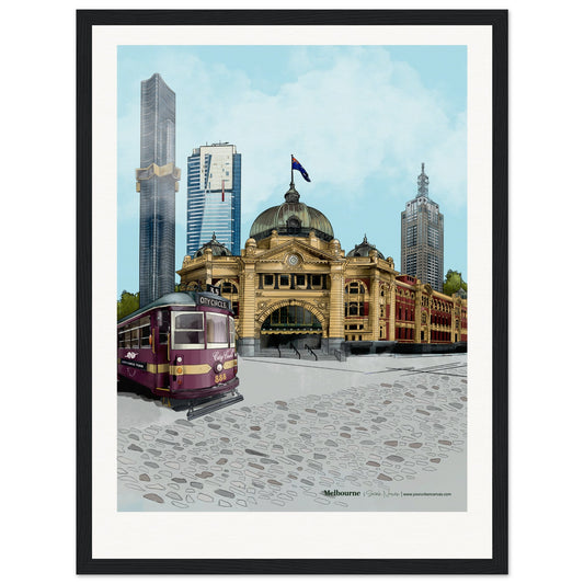 Melbourne - Personalised Subtle Title print, size 30x40cm,  framed in black, adding depth and character to Melbourne's built-environment, customised to your liking.