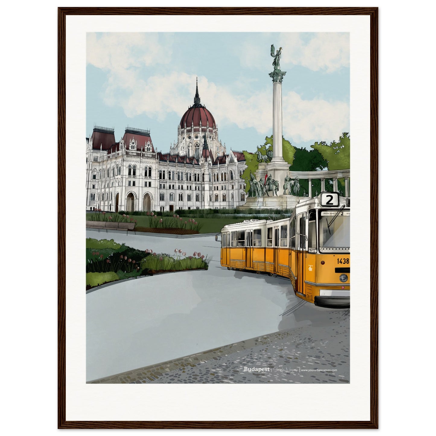 Budapest - Personalised Subtle Title print, size 45x60cm, framed in dark wood, showcasing the historic charm of Budapest with the Parliament Building and surrounding architecture, enhanced by a personalised detail.