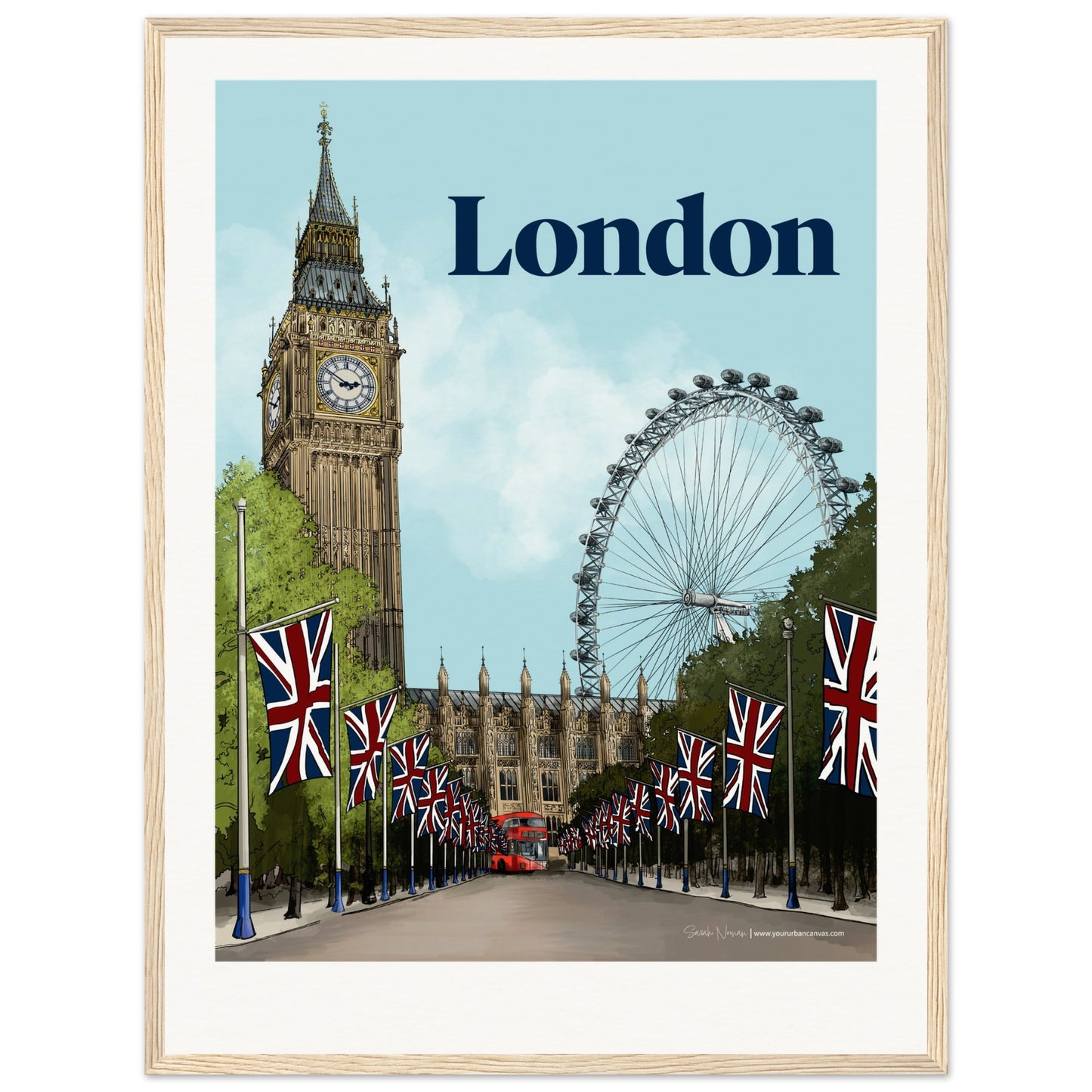 London - Personalised Bold Typography print, size 45x60cm, framed in natural wood, a warm and bespoke interpretation of London's architectural heritage.