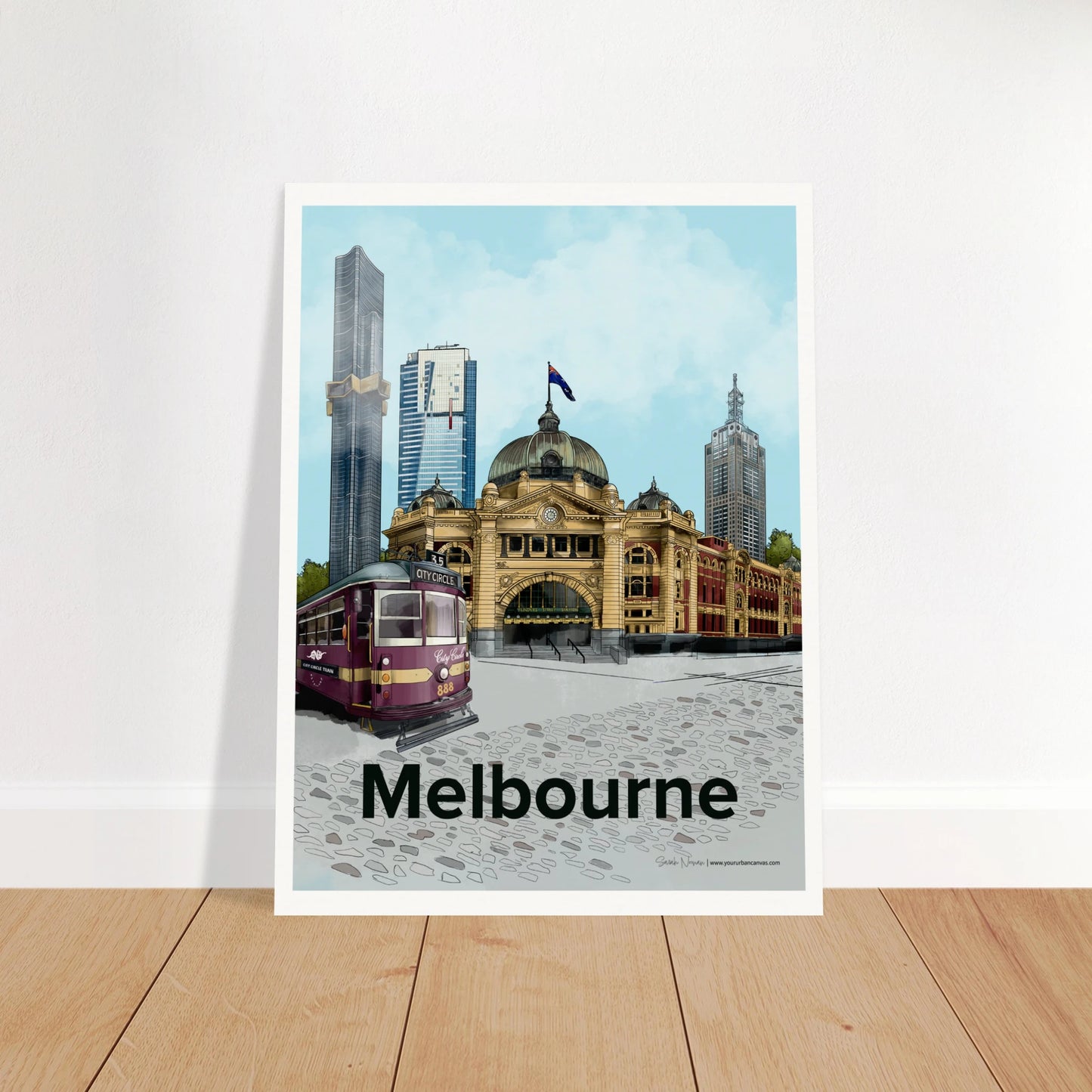 Melbourne - Bold Typography print, size 45x60cm, featuring Flinders Street Station, Australia 108, Eureka Tower, 120 Collins Street, and the City Circle Tram.