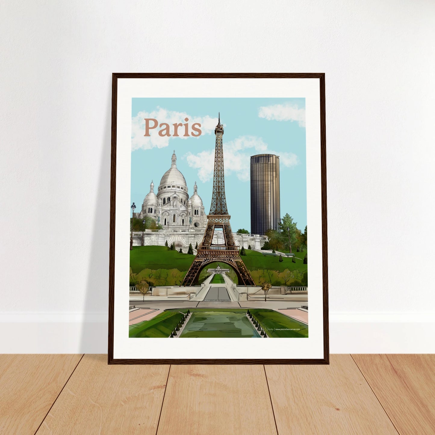 Paris - Bold Typography city print,45x60cm, with dark wood frame - featuring the Eiffel Tower,  Sacre-Coeur, and Tour Montparnasse with surrounding green lawns in front of the Ecole Militaire. A sophisticated wall art piece that combines iconic landmarks with classic framing
