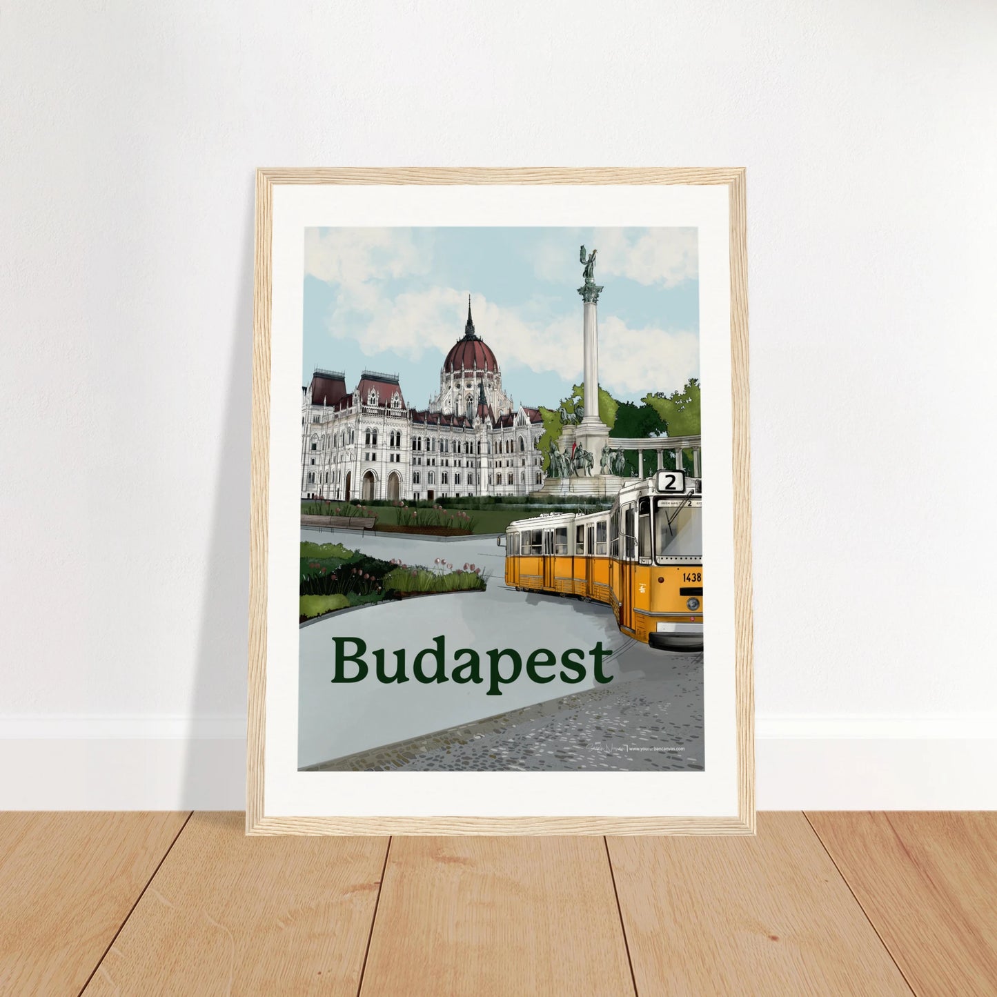 Budapest - Bold Typography print, size 30x40cm, framed in natural wood, showcasing historical Hungary and it's magnificent capital city. 