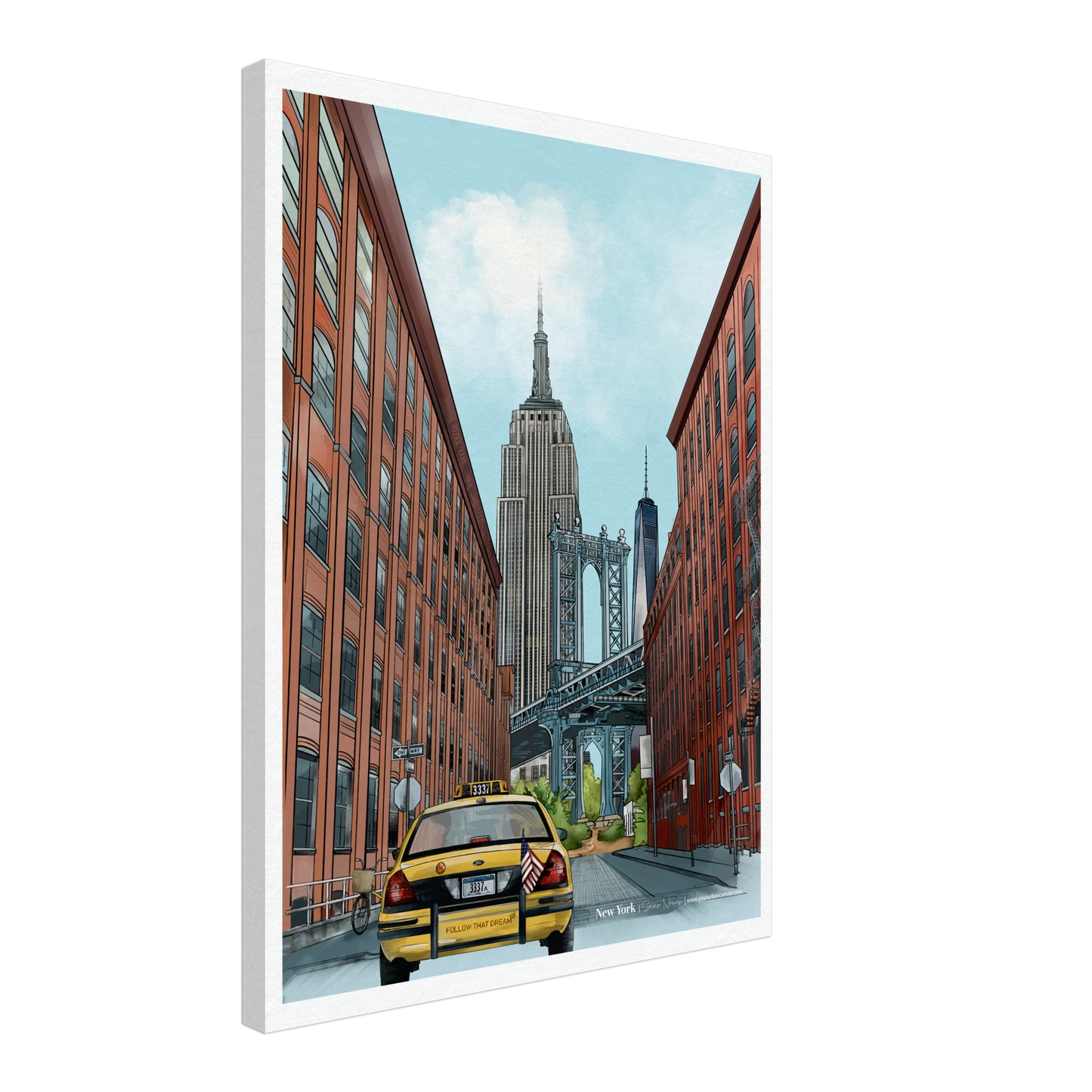 New York - Subtle Title print, size 45x60cm, on canvas, showcasing the dynamic view of the Dumbo Manhattan Bridge and the iconic skyline.