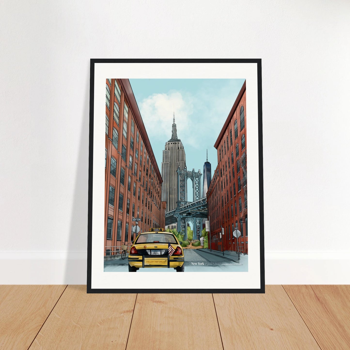 New York - Subtle Title print, size 45x60cm, framed in black, emphasizing the vibrant energy of New York with the Dumbo Manhattan Bridge, yellow cabs, and One World Trade Center.