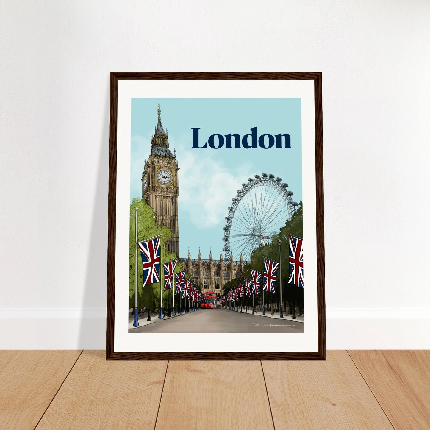 London - Bold Typography print, size 30x40cm, framed in dark wood, highlighting bold title text with faint strong architectural detail of Westminster and the London Eye.