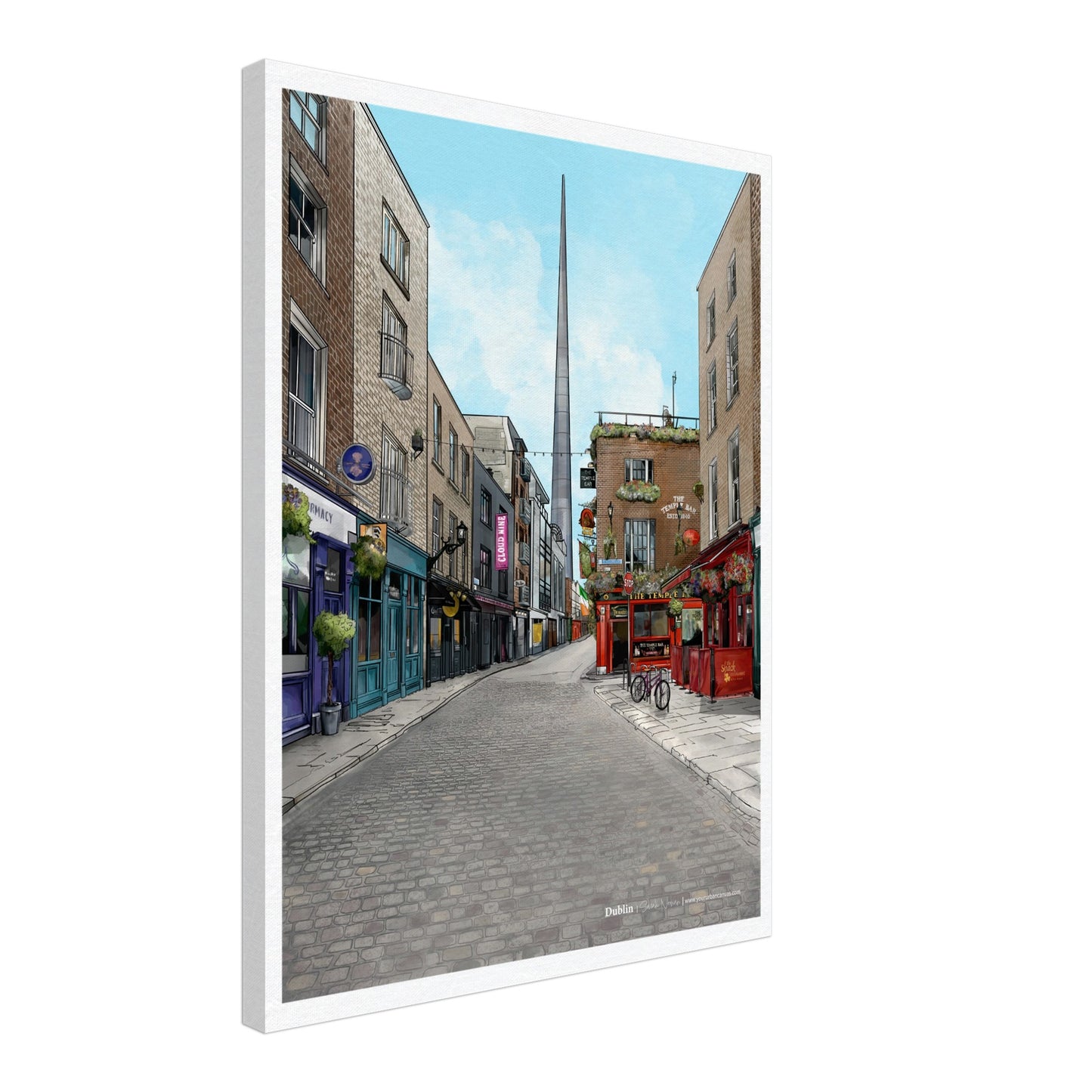 Dublin - Subtle Title print, size 45x60cm, on canvas, featuring the famous cobbled streets of Temple Bar, the Temple Bar Inn, and the Spire.