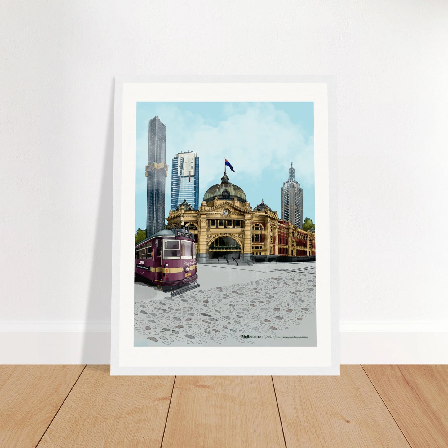 Melbourne - Subtle Title print, size 30x40cm, framed in white, highlighting landmarks like Eureka Tower, 120 Collins Street, and the City Circle Tram on Melbourne's busy streets.