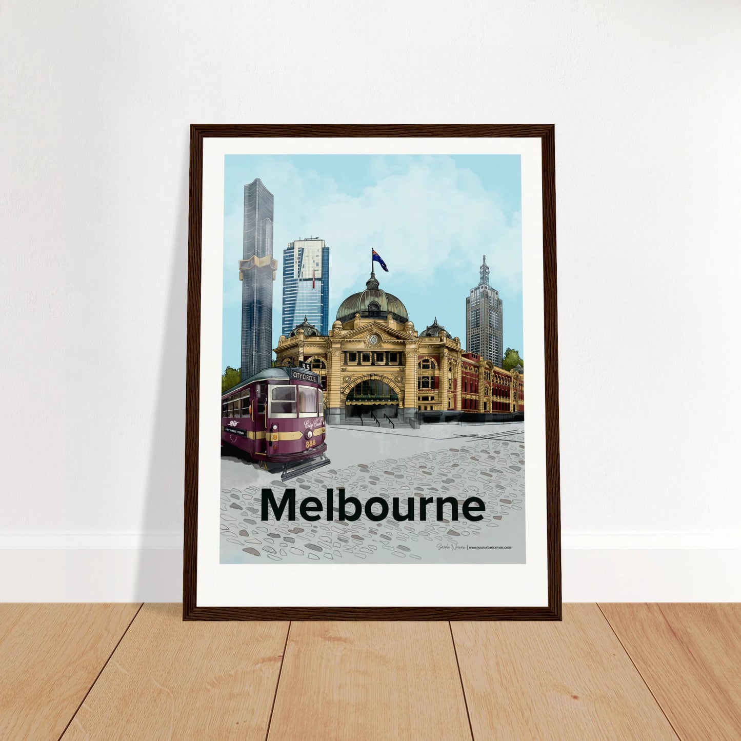 Melbourne - Bold Typography print, size 30x40cm, framed in dark wood, showcasing Melbourne's skyline with Flinders Street Station, Australia 108, and Eureka Tower.