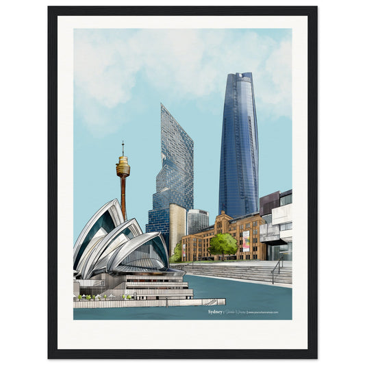Sydney - Personalised Subtle Title print, size 30x40cm, framed in black,  blending the city's contemporary architecture with Sydney's famous sunny disposition and your personal touch.