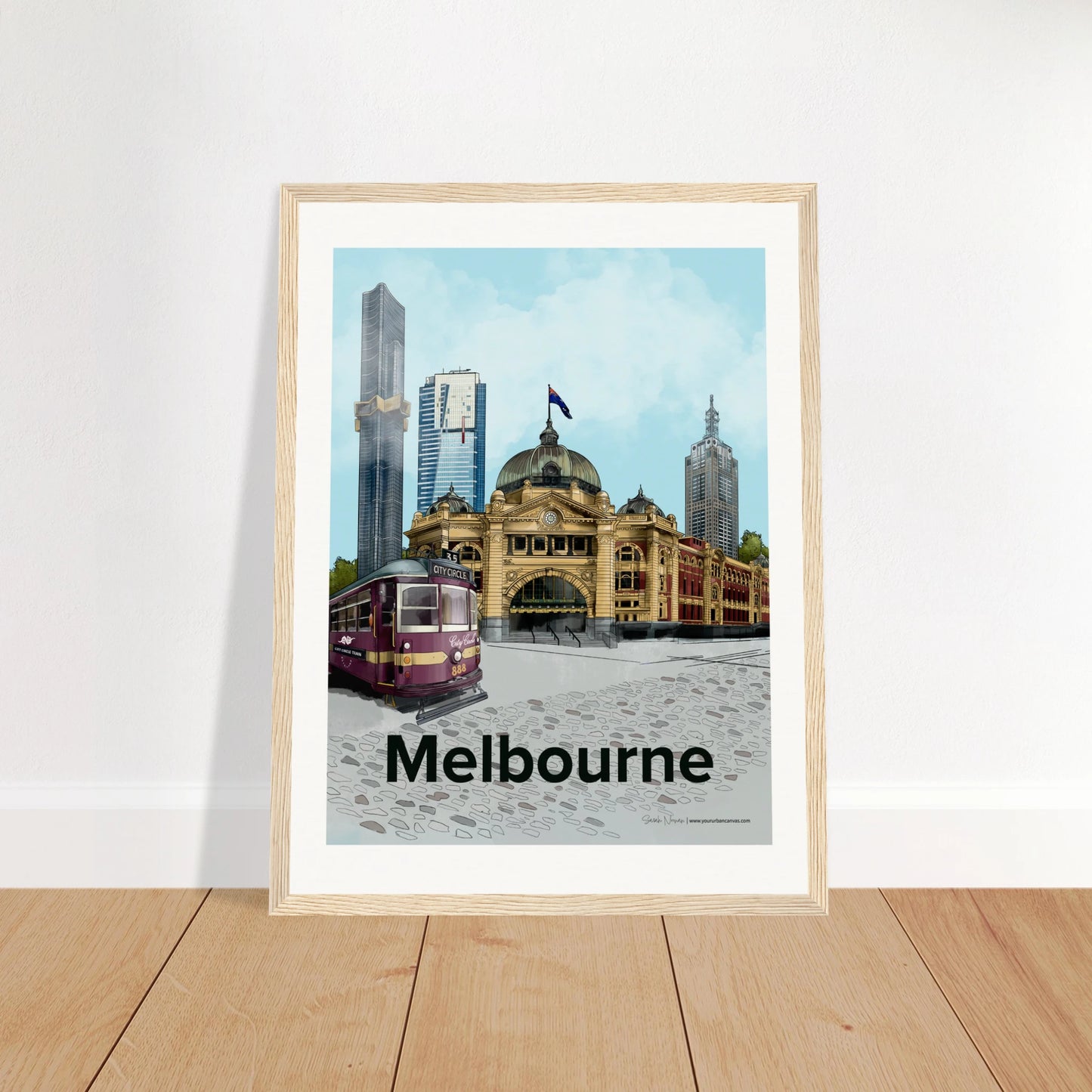 Melbourne - Bold Typography print, size 30x40cm, framed in natural wood, capturing Melbourne's urban charm with Flinders Street Station and towering skyscrapers.