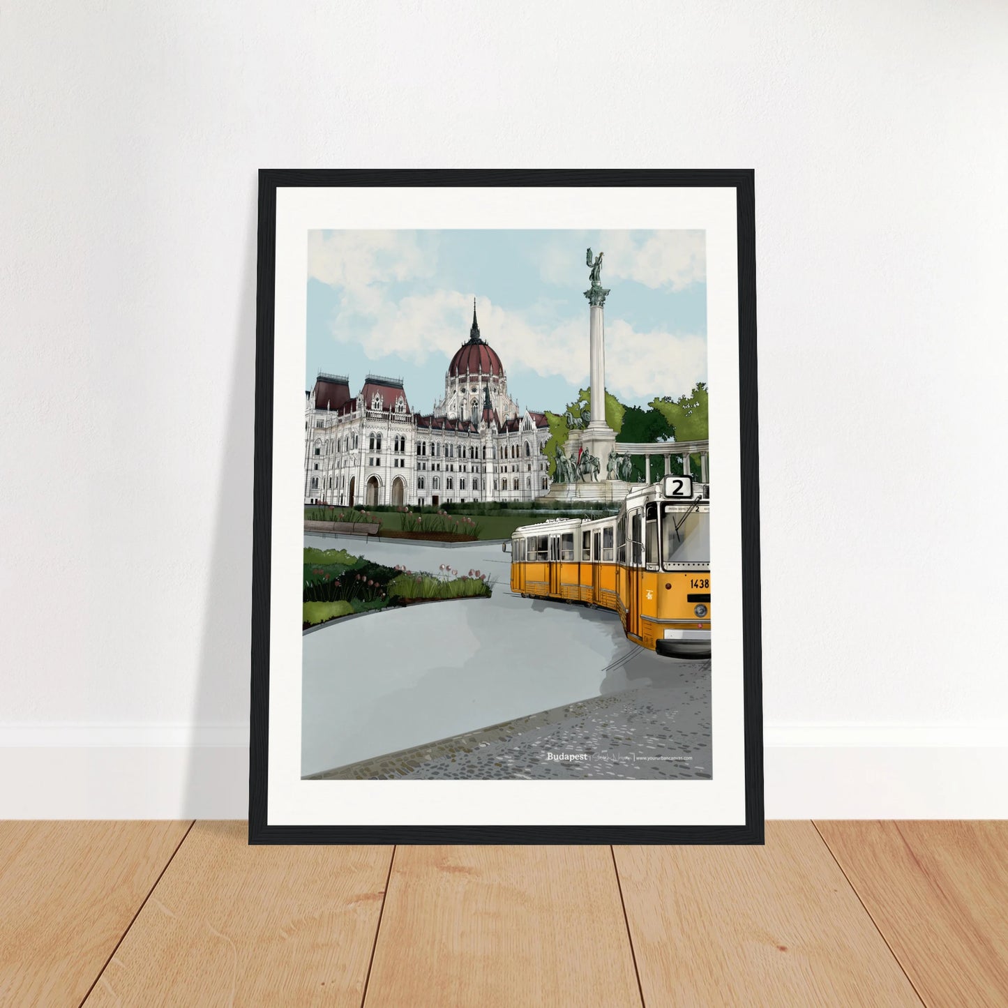 Budapest - Subtle Title print, size 30x40cm, framed in black, highlighting the Hungarian Parliament and Heroes' Square, with the yellow tram moving across the cobbled streets.