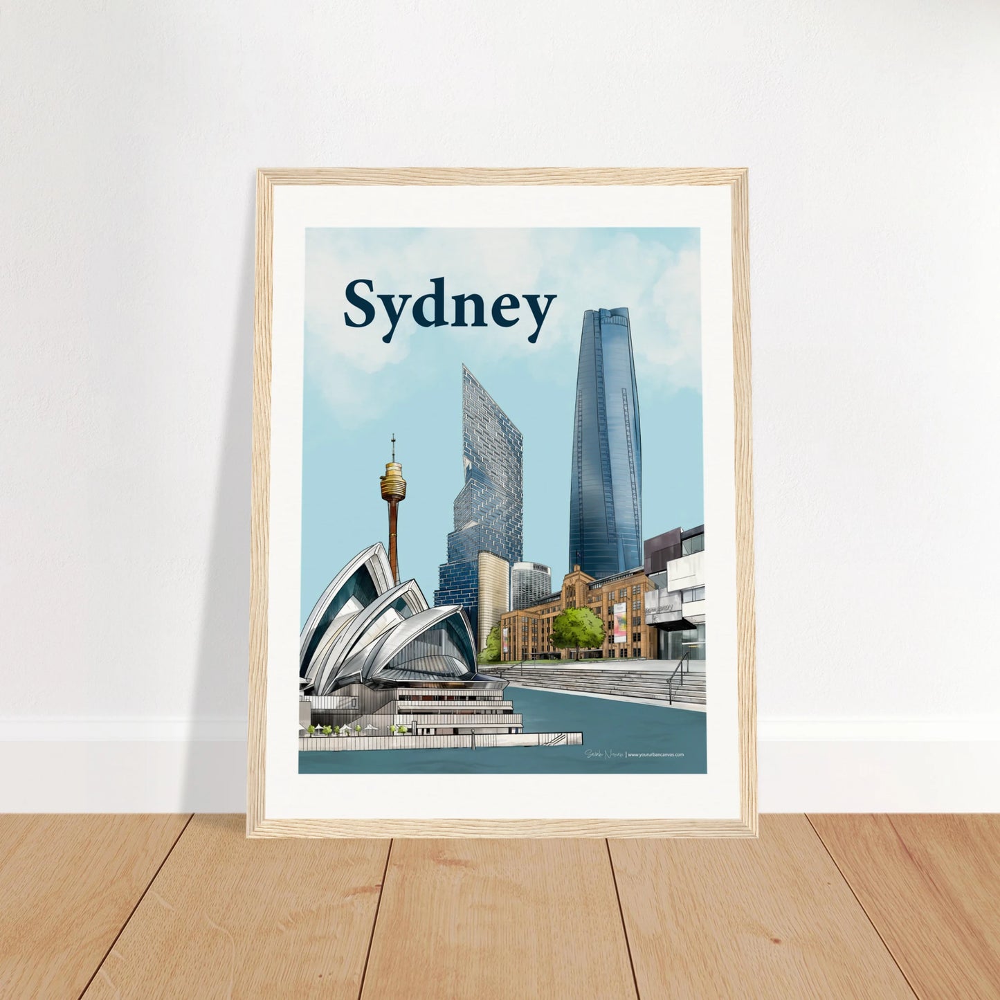 Sydney - Bold Typography print, size 30x40cm, framed in natural wood, featuring a bold Sydney cityscape with the Opera House, MCA, Harbour, and iconic modern buildings.