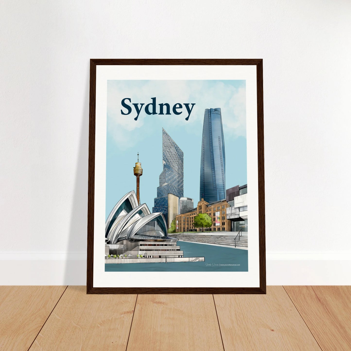 Sydney - Bold Typography print, size 30x40cm, framed in dark wood, showcasing the Sydney Opera House, MCA, and Sydney Harbour skyline with One Barangaroo, Quay Quarter Tower, and Sydney Tower Eye.