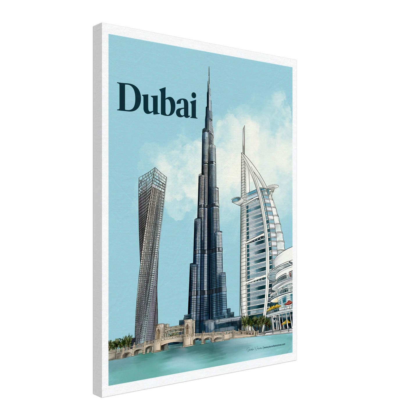 Dubai - Bold Typography city canvas, 45x60cm - striking, artistic rendering of Burj Khalifa, Burj Al Arab, Cayan Tower, and Dubai Mall, bringing Dubai's dynamic skyline to life in your space.