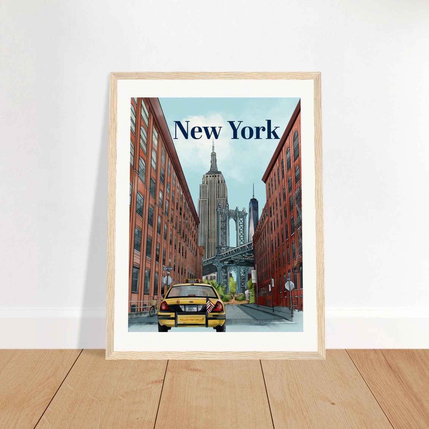 New York - Bold Typography print, size 30x40cm, framed in natural wood, capturing the vibrant energy of NYC with the Dumbo Manhattan Bridge, the Empire State Building, One World Trade Center, a yellow cab, and street signs.