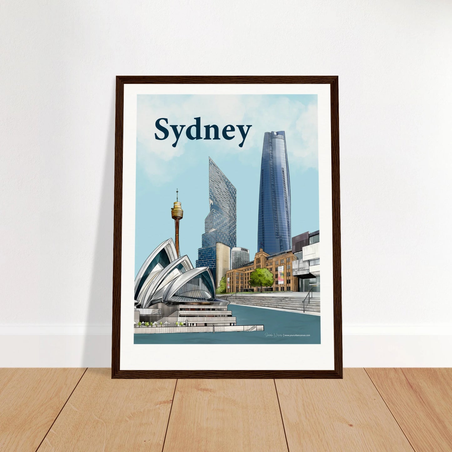 Sydney - Bold Typography print, size 30x40cm, framed in dark wood, showcasing the Sydney Opera House, MCA, and Sydney Harbour skyline with One Barangaroo, Quay Quarter Tower, and Sydney Tower Eye.