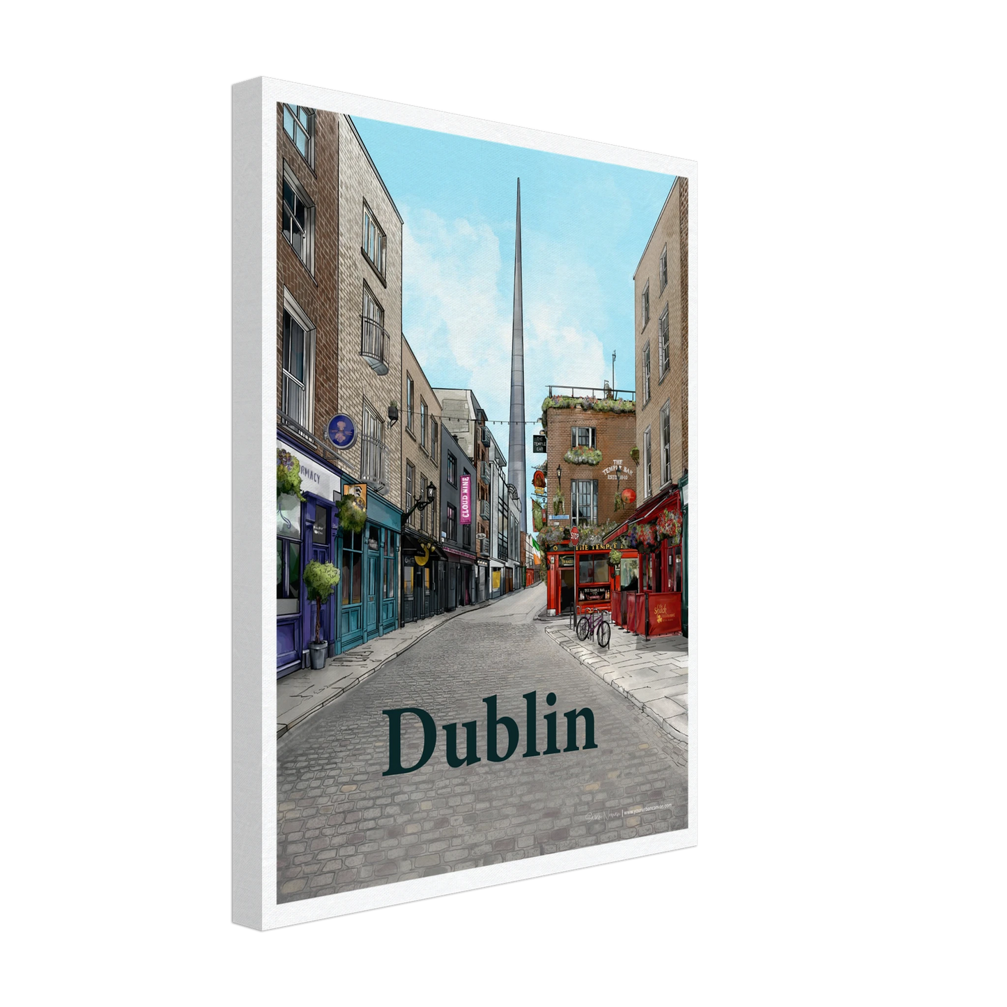 Dublin - Bold Typography on canvas, size 30x40cm, depicting Temple Bar's cobbled streets, historic buildings, and The Temple Bar Inn, with The Spire in the backdrop.