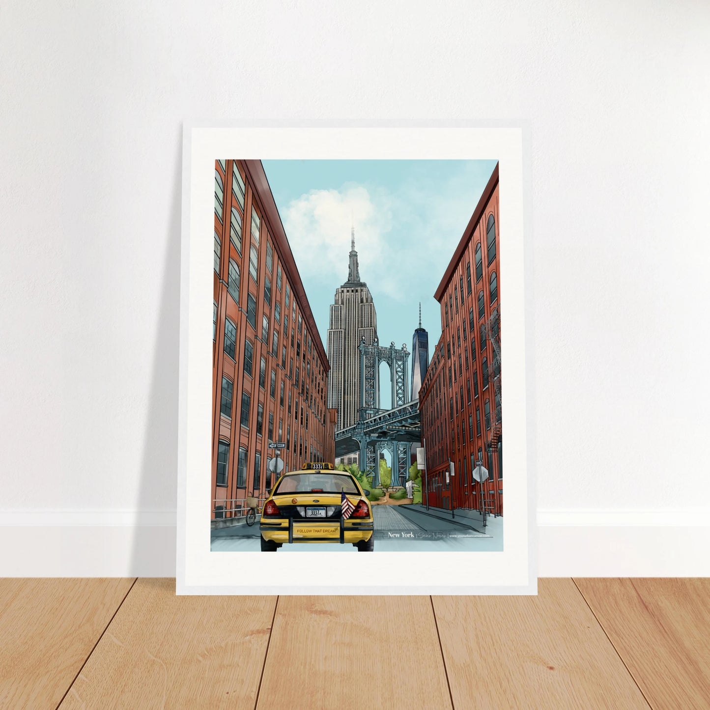 New York - Subtle Title print, size 45x60cm, framed in white, capturing the essence of New York's streets, with yellow cabs and the Empire State Building.