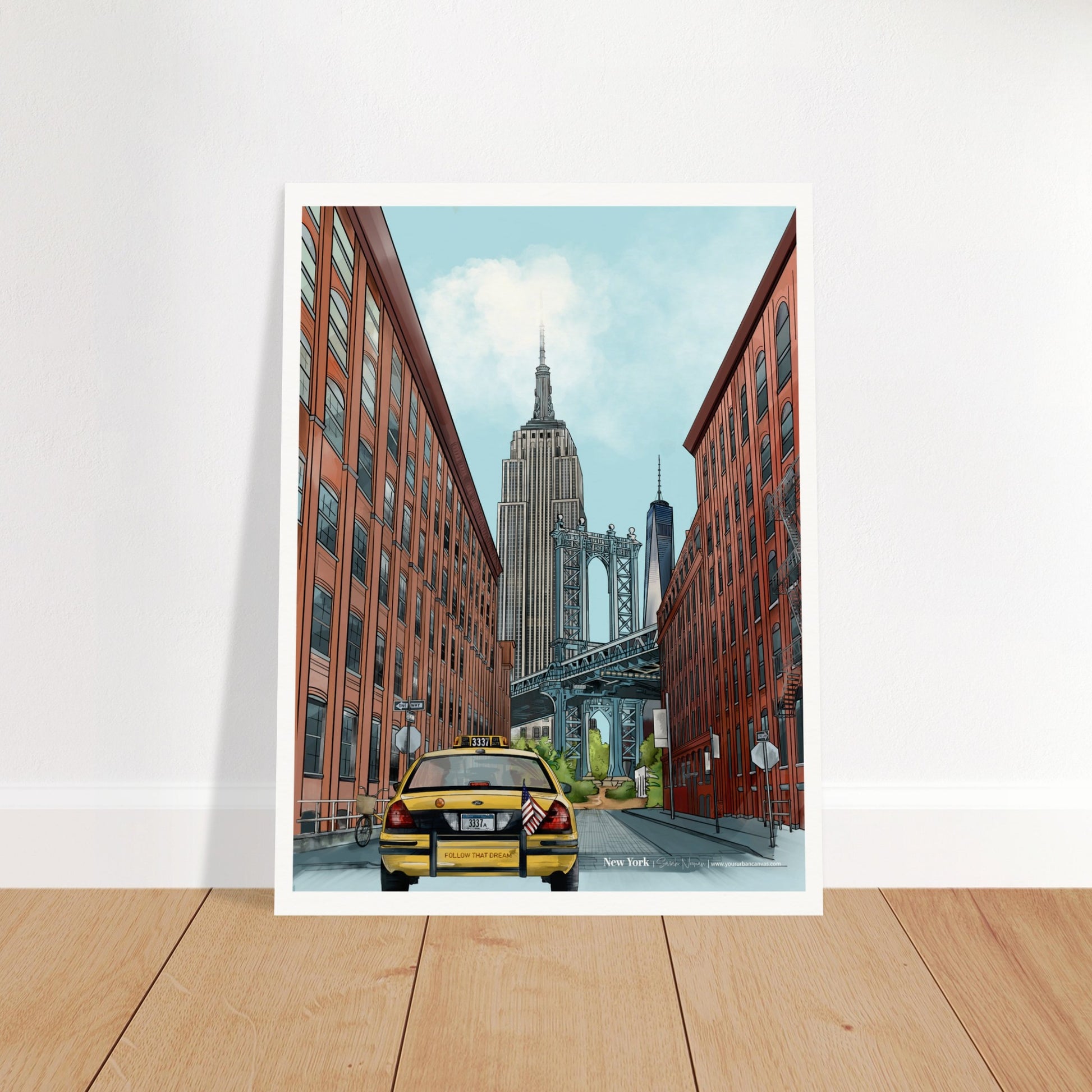 New York - Subtle Title print, size 45x60cm, showcasing New York's landmarks like the Dumbo Manhattan Bridge, the Empire State Building, One World Trade Center, and yellow cabs.