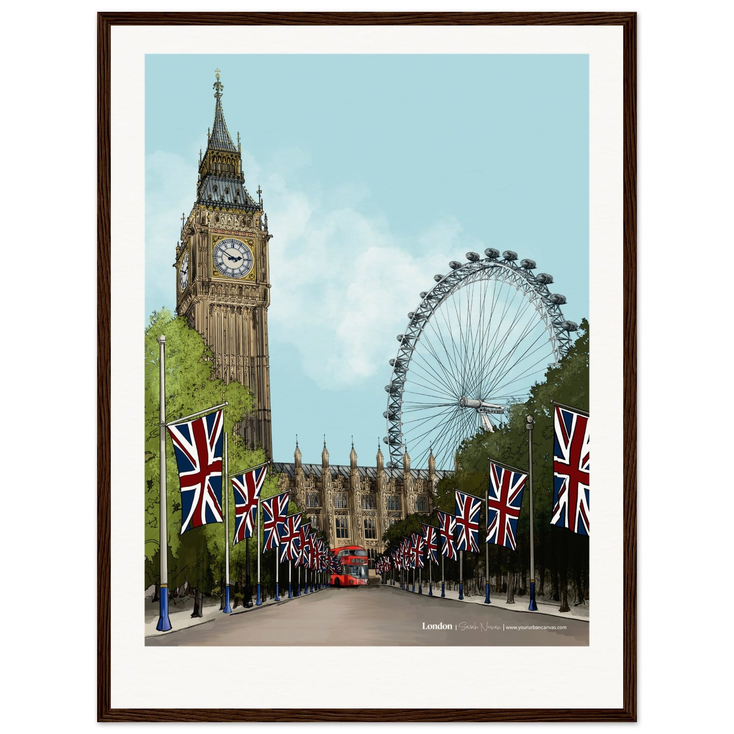 London - Personalised Subtle Title print, size 45x60cm, framed in dark wood, highlighting the intricate details of Westminster and the surrounding cityscape with a custom personal touch.