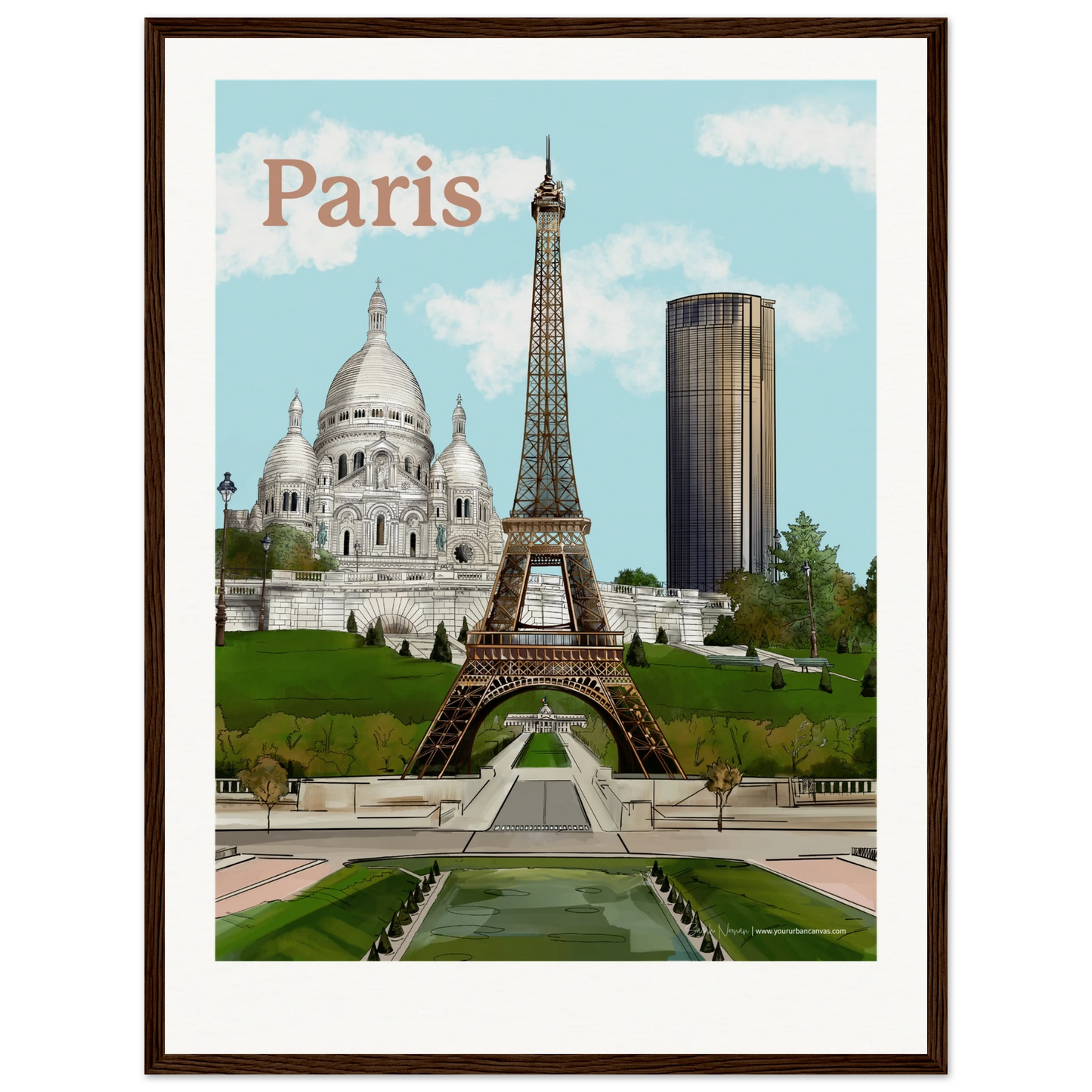 Paris - Personalise your Bold Typography city print,45x60cm, with dark wood frame - featuring the Eiffel Tower, Sacre-Coeur, and Tour Montparnasse with surrounding green lawns in front of the Ecole Militaire. A sophisticated wall art piece that combines iconic landmarks with classic framing