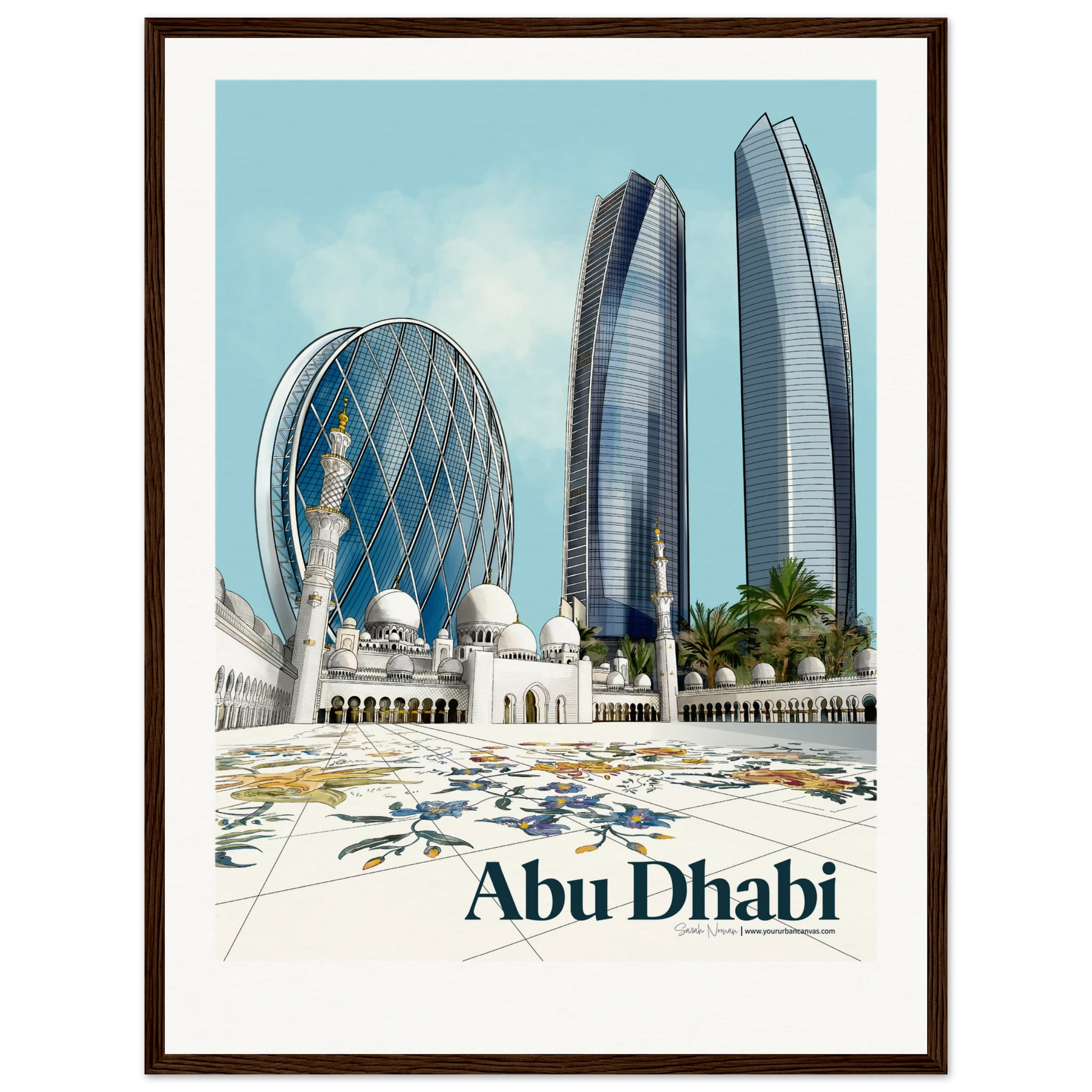 Abu Dhabi - Add your own message to this Elegant Bold Typography city print, 45x60cm in dark wood frame, mosque courtyard and towers