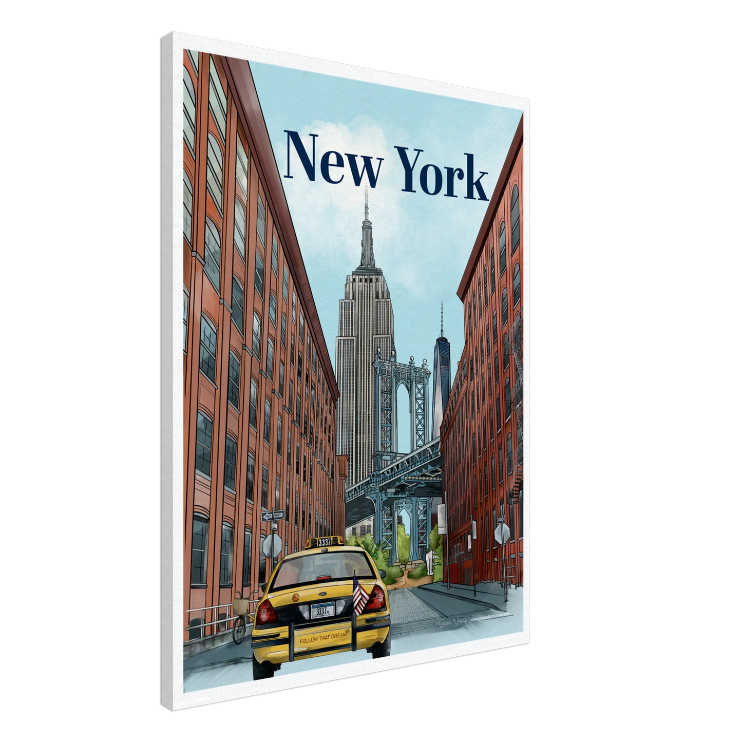 New York - Bold Typography on canvas, size 60x80cm, with an iconic NYC cityscape featuring the Manhattan Bridge from Dumbo, the Empire State Building, One World Trade Center, and a classic yellow taxi.