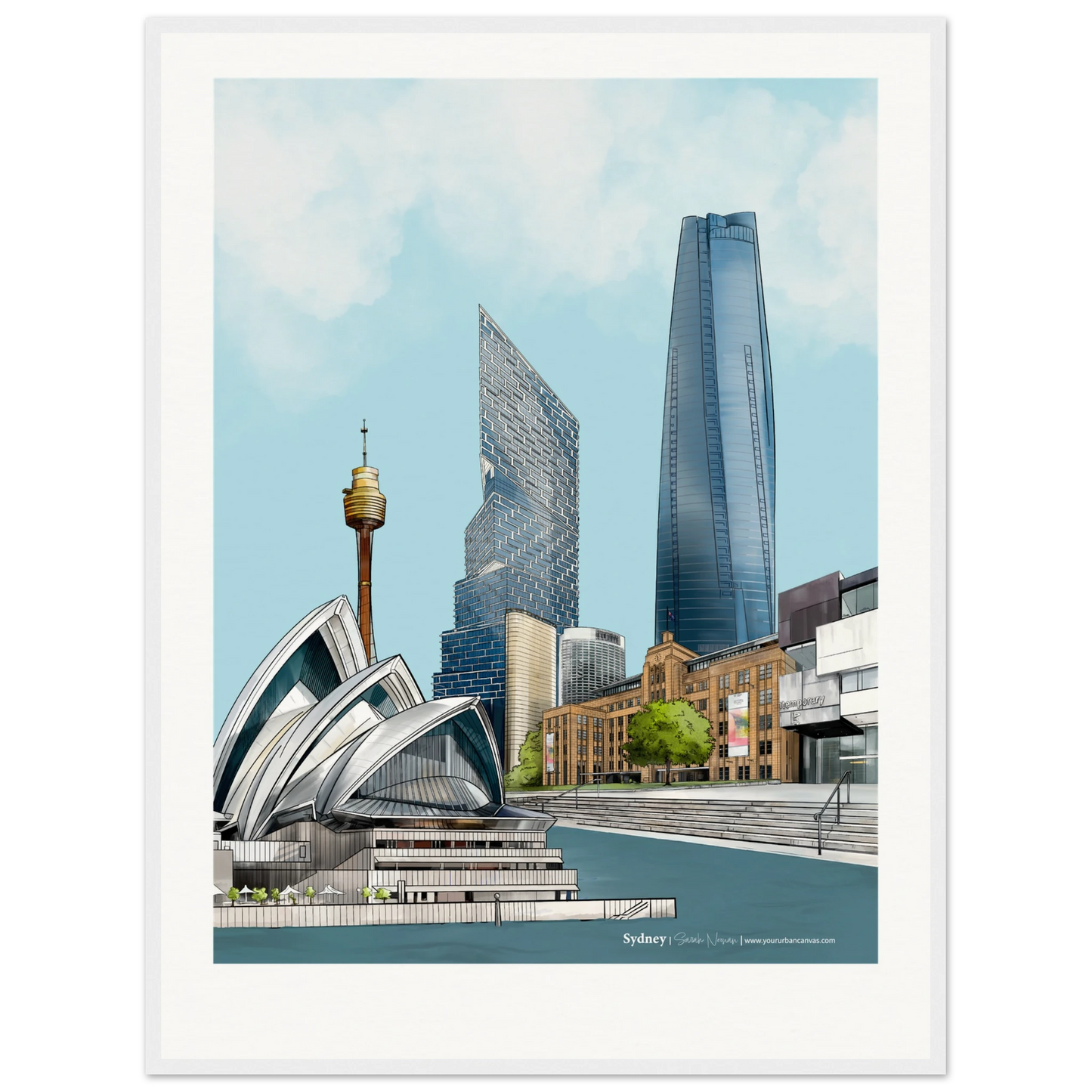Personalise this Sydney showpiece, size 60x80cm, framed in white, presenting an elegant and airy view of the city's modern and historic architecture.
