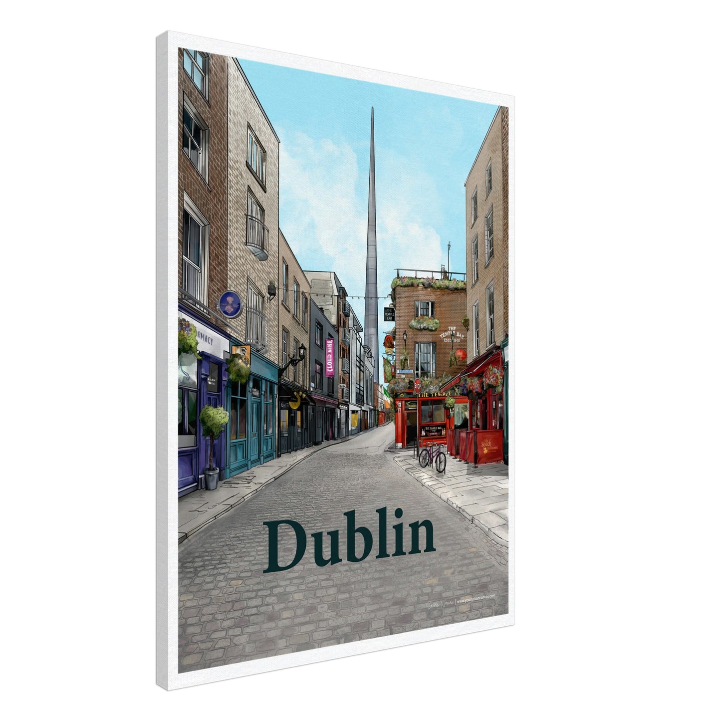 Dublin - Bold Typography on canvas, size 60x80cm, depicting Temple Bar's vibrant cobbled streets, historic shopfronts, The Temple Bar Inn, and The Spire in the background.