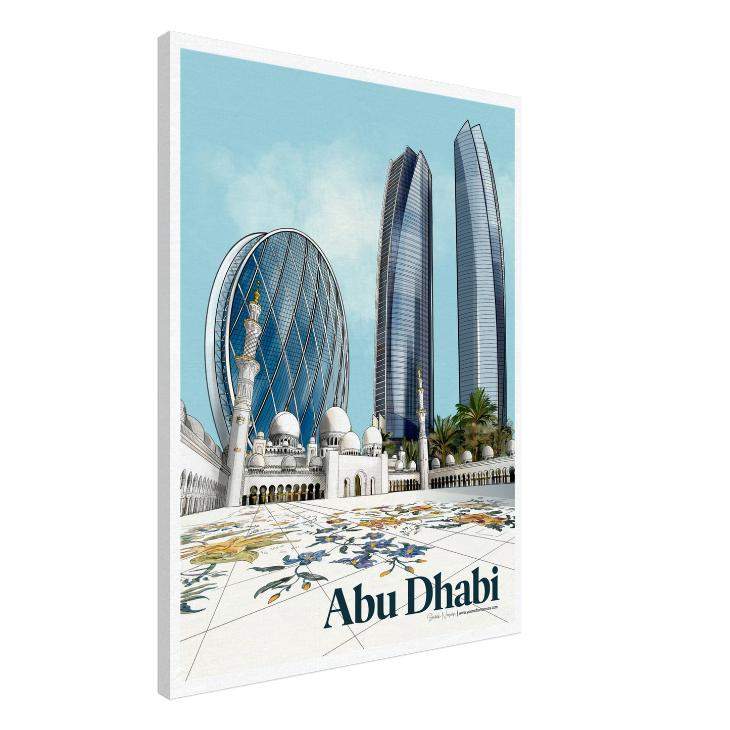 Abu Dhabi - Elegant Bold Typography city print on canvas Sheikh Zayed Grand Mosque, cityscape art